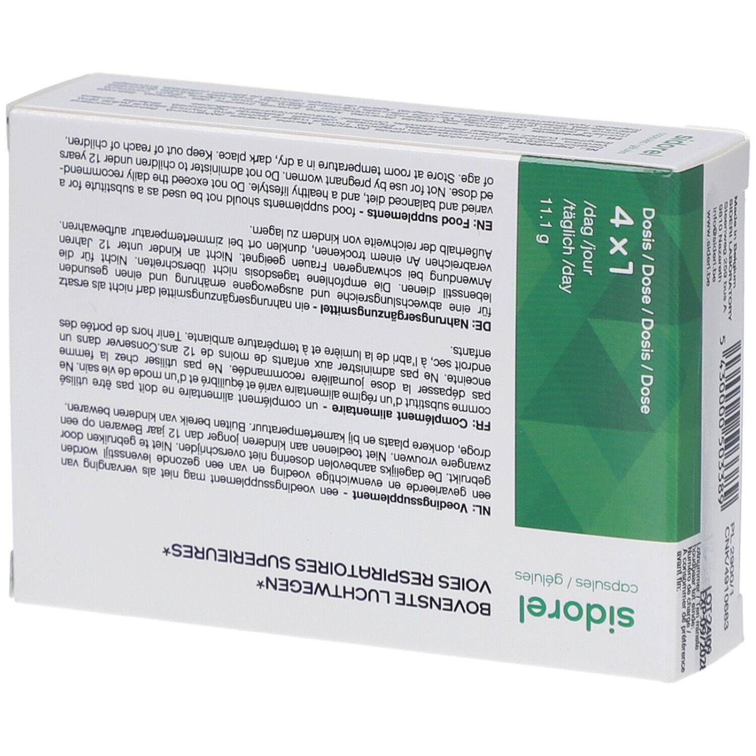 Rückseite der Sidorel-Kapsel-Schachtel. Text in mehreren Sprachen. 30 Kapseln. Sideri Laboratory.