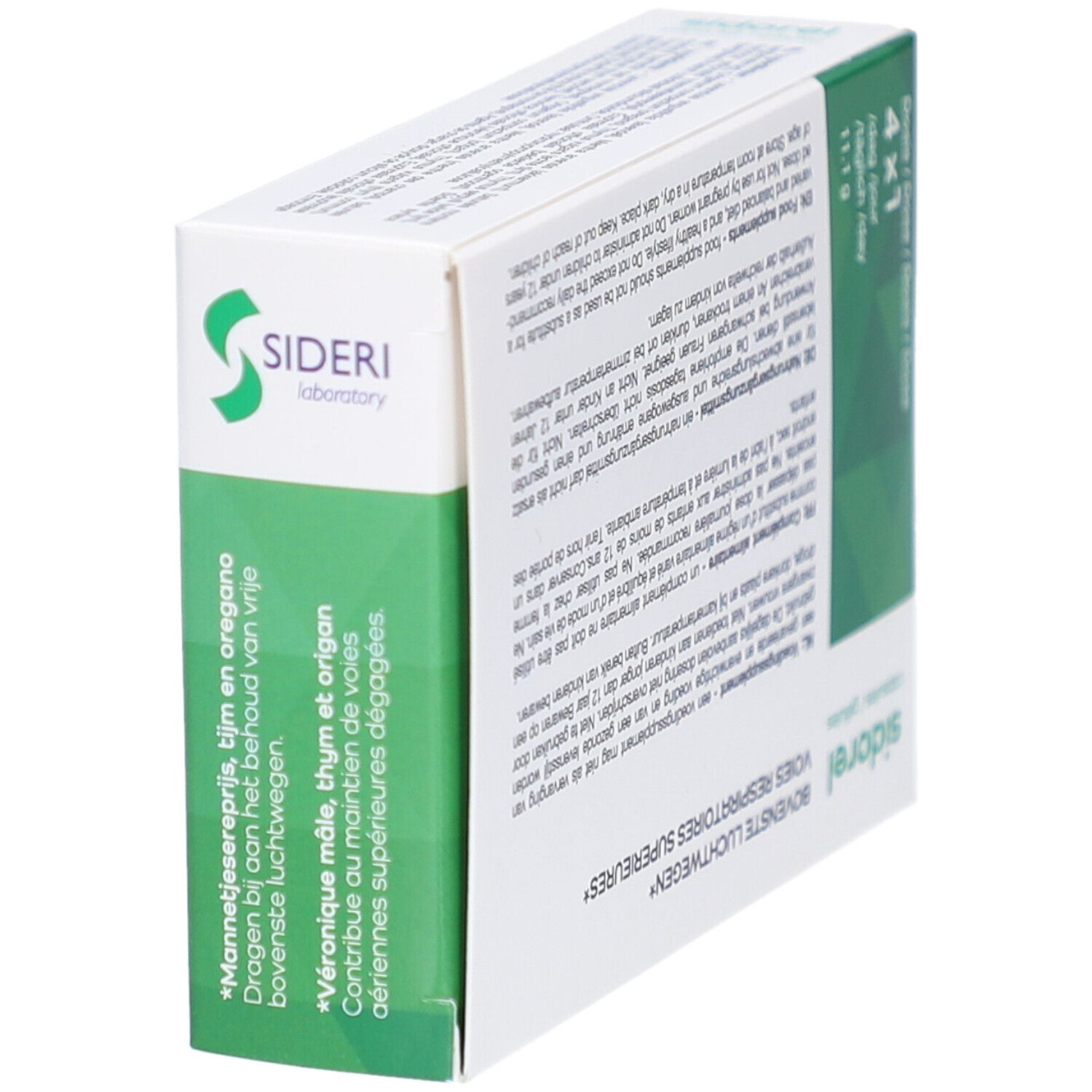 Seitenansicht der Sidorel-Kapsel-Schachtel. Grün-weißes Design. Sideri Laboratory Logo.