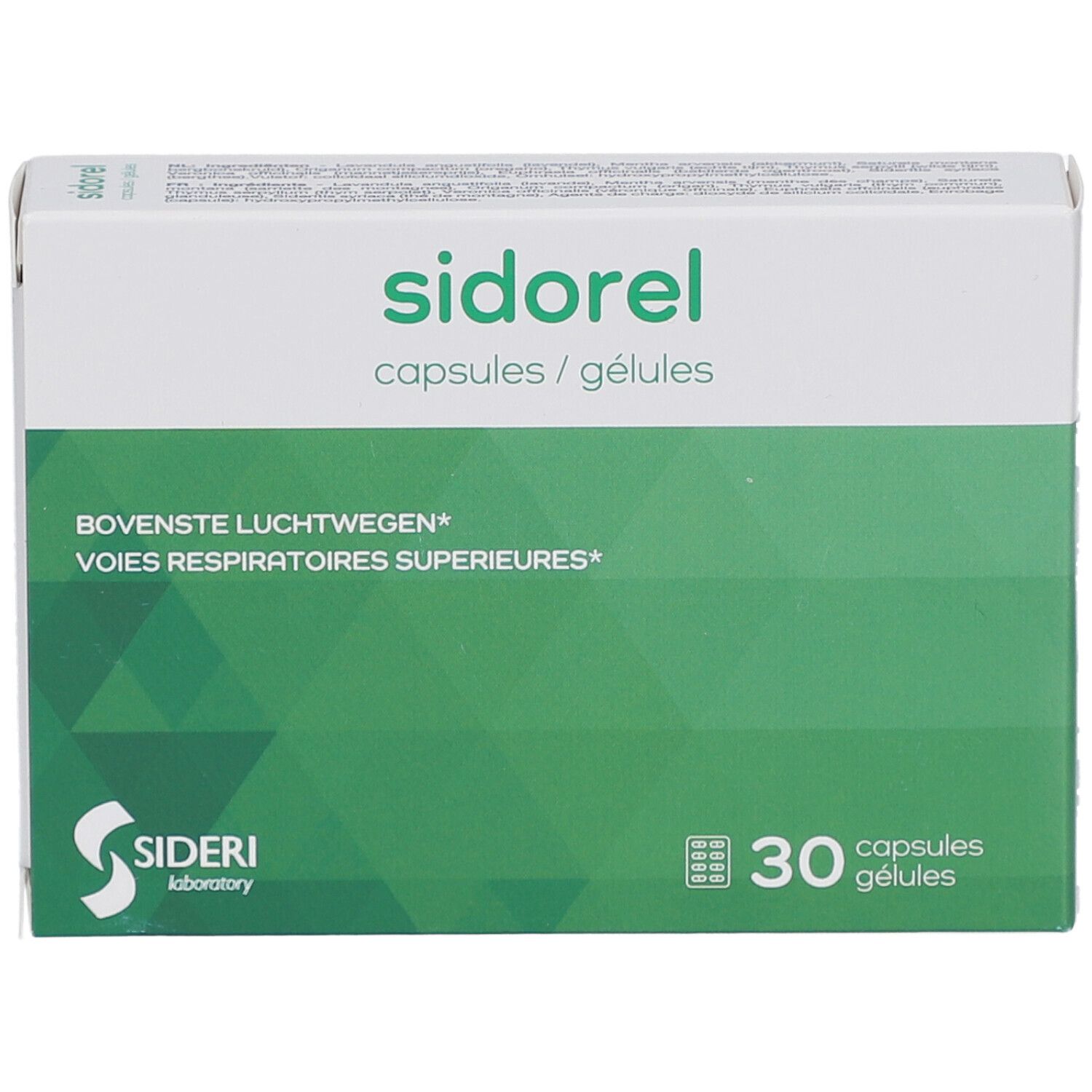 Schachtel mit Sidorel-Kapseln. Grün-weißes Design. 30 Kapseln. Sideri Laboratory Logo.
