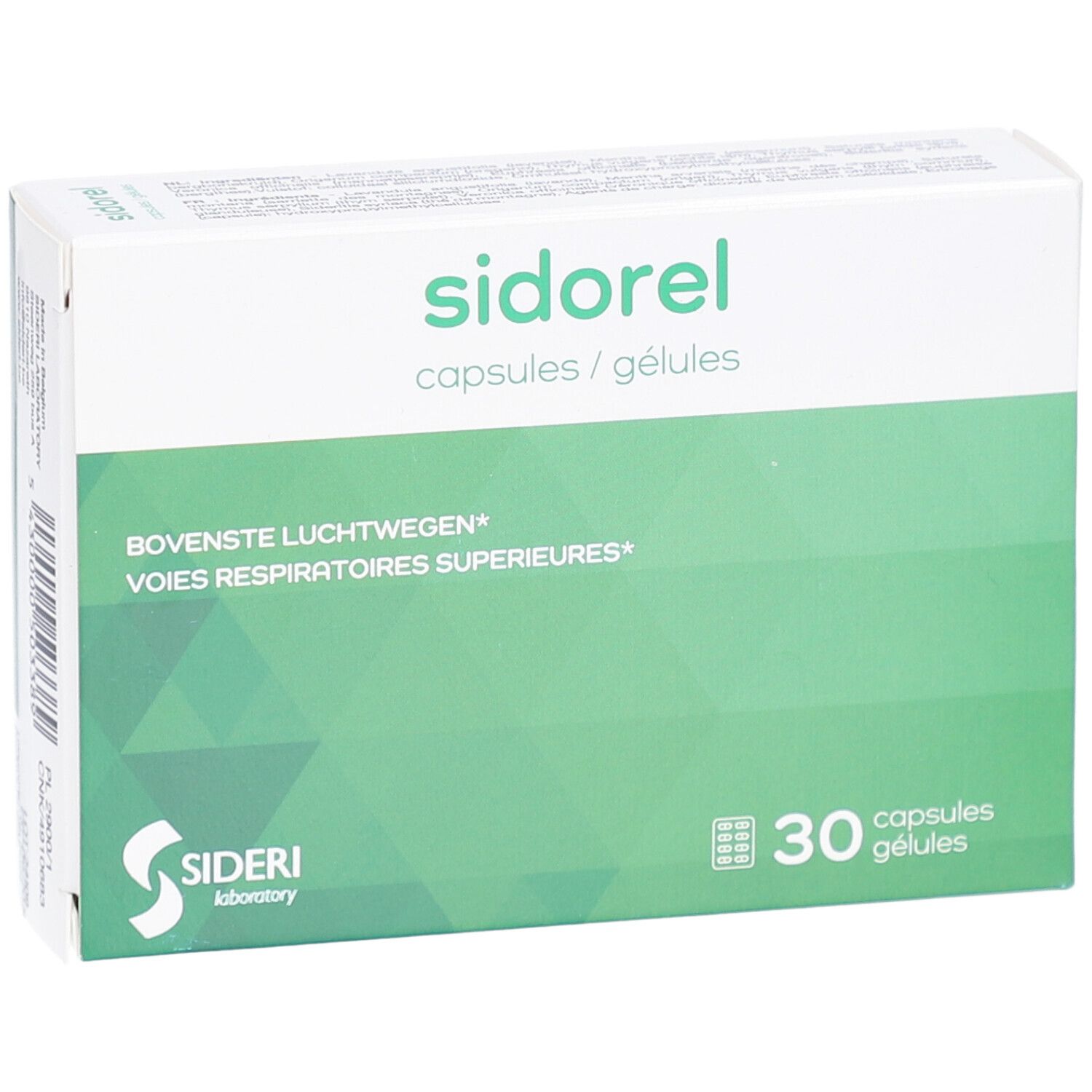 Schachtel mit Sidorel-Kapseln. Grün-weißes Design. 30 Kapseln. Sideri Laboratory Logo.