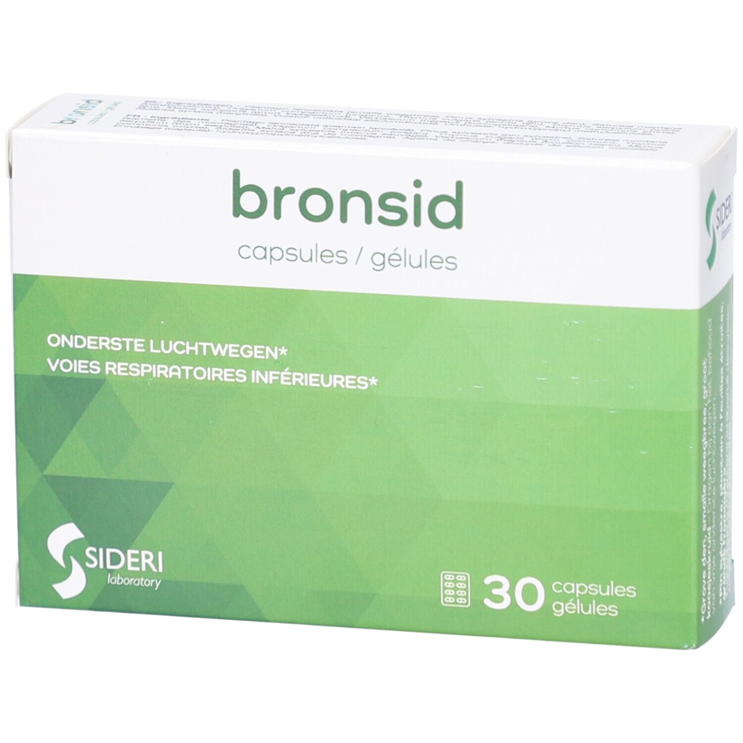 Schachtel mit "bronsid"-Kapseln. Grün-weiße Verpackung. "Sideri Laboratory" Logo. 30 Kapseln. Text in Niederländisch und Französisch.