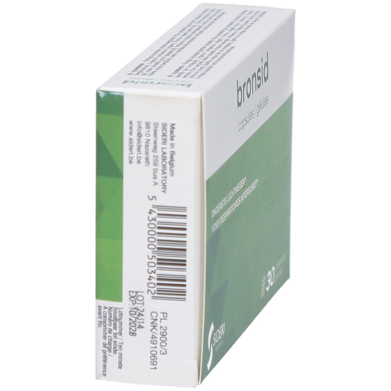 Schachtel "bronsid" in Schrägansicht. Grün-weiße Verpackung. Barcode und Herstellerinformationen. "Sideri Laboratory" Logo.