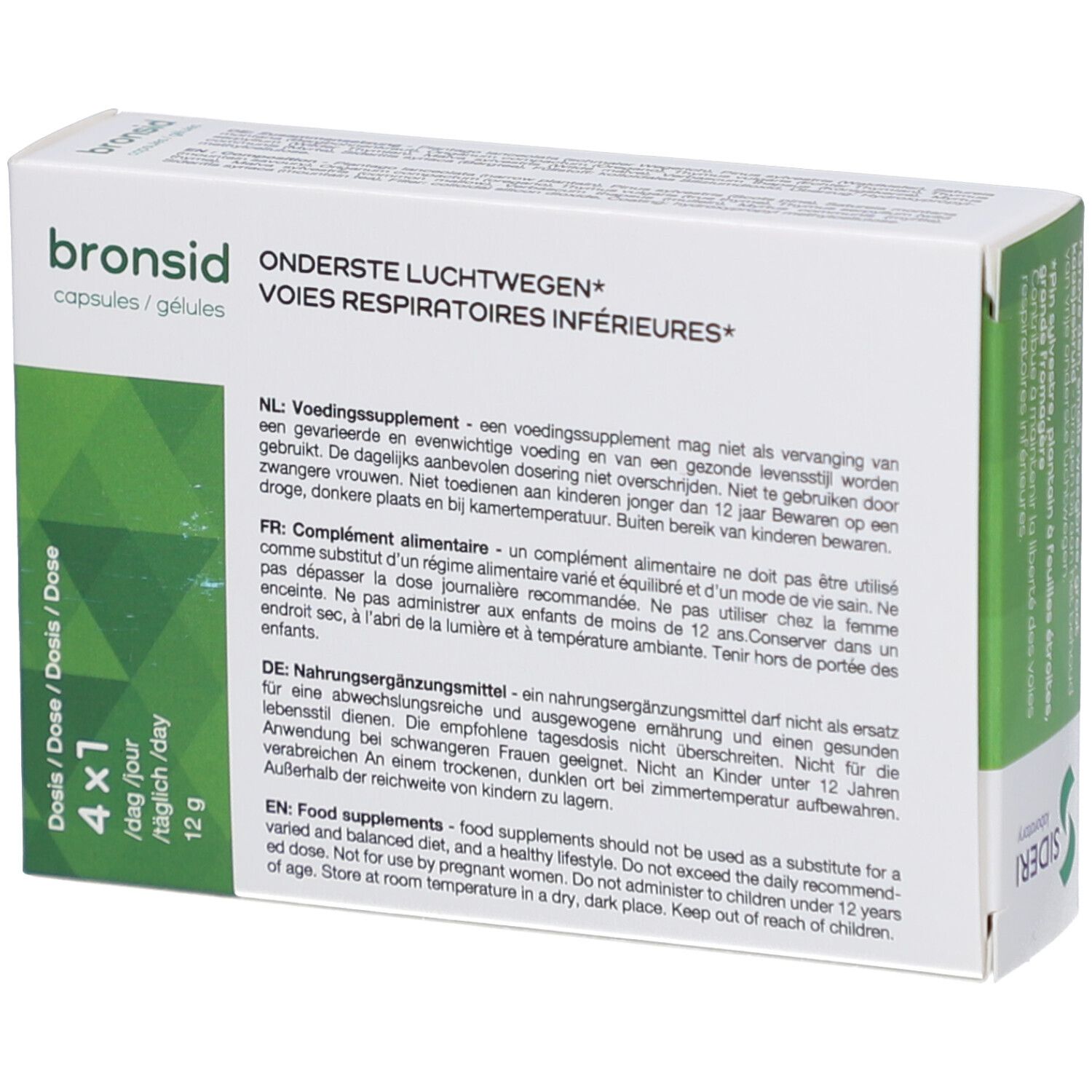 Rückseite der "bronsid"-Schachtel. Grün-weiße Verpackung. Text in Niederländisch, Deutsch, Französisch und Englisch. 4x1 Kapsel.