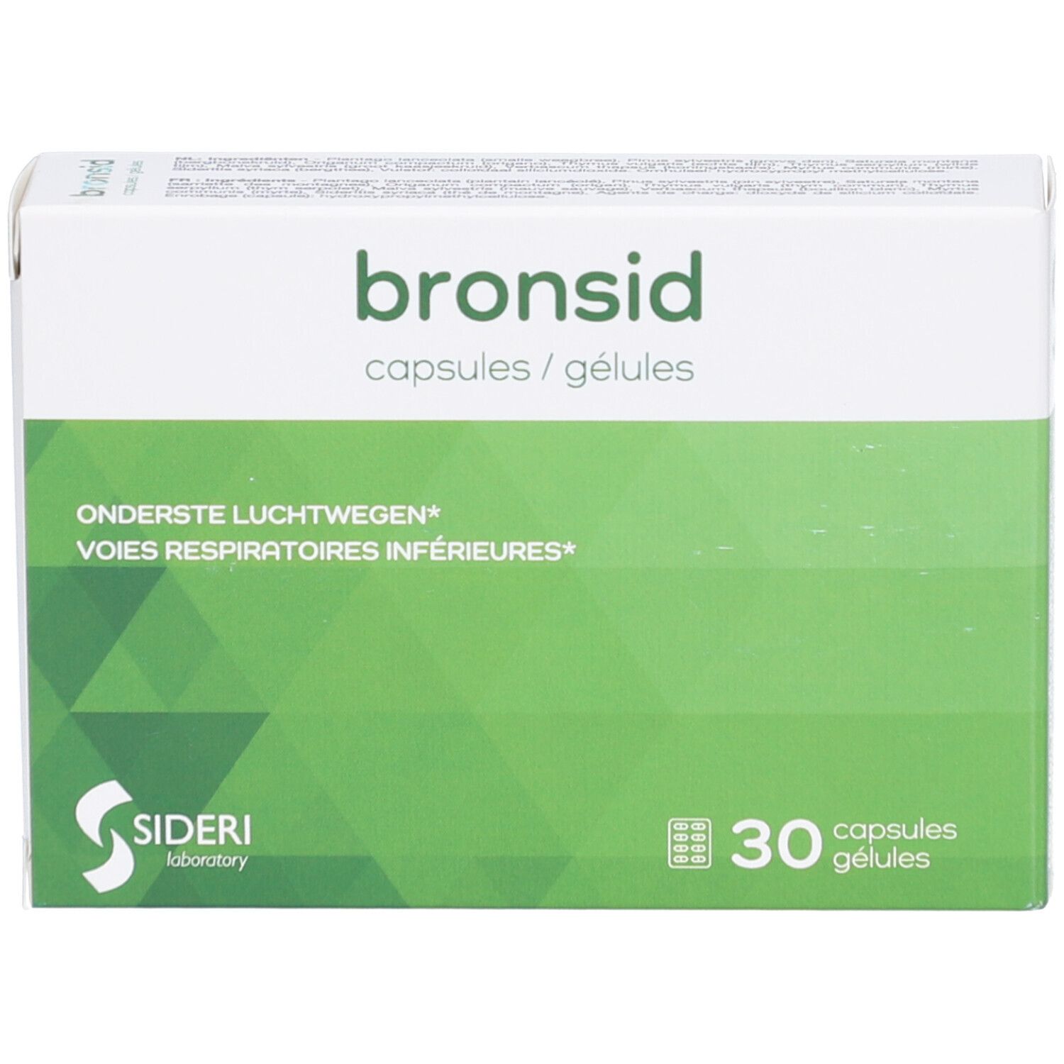 Schachtel "bronsid" mit 30 Kapseln. Grün-weiße Verpackung. "Sideri Laboratory" Logo. Text in Niederländisch und Französisch.