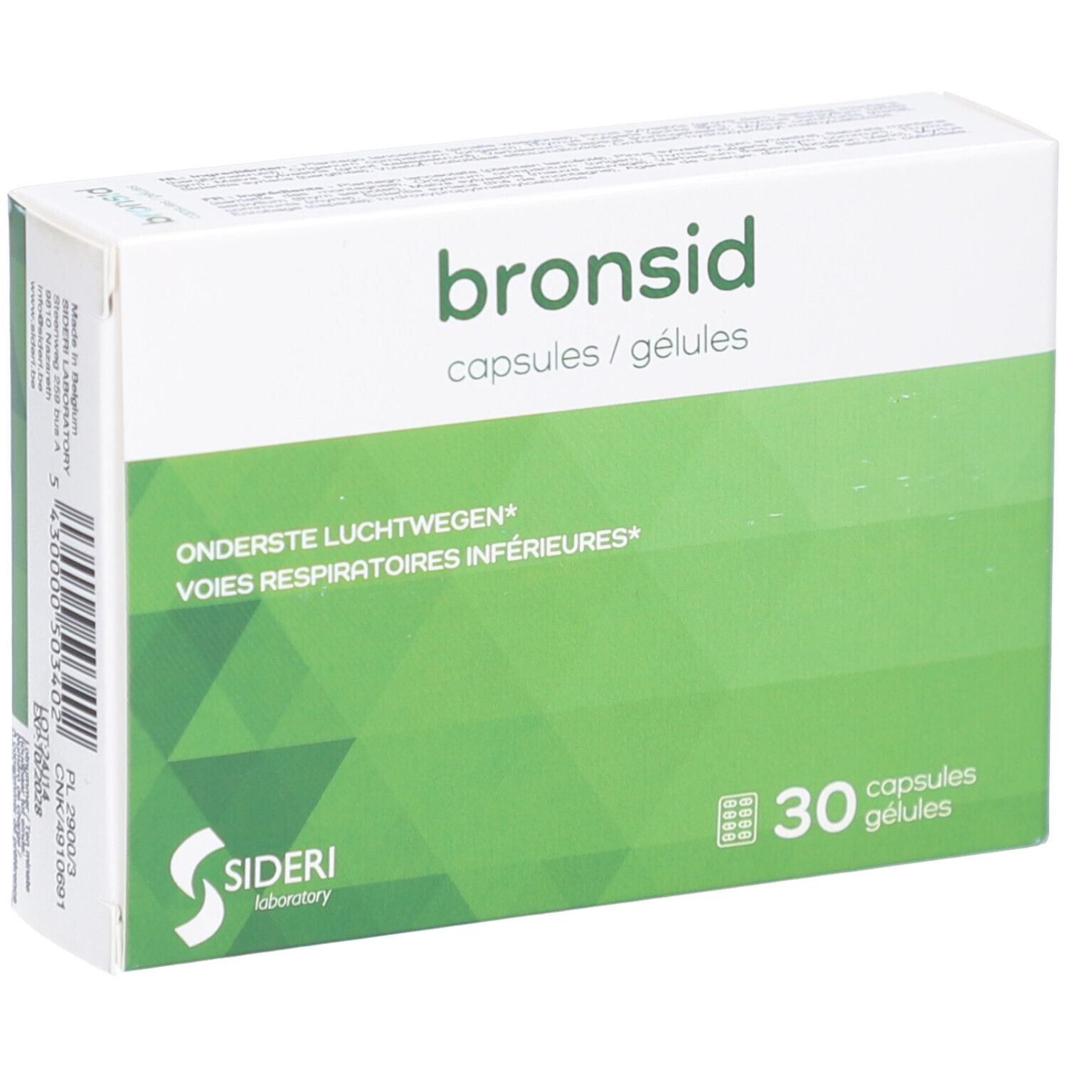 Schachtel "bronsid" mit 30 Kapseln. Grün-weiße Verpackung. "Sideri Laboratory" Logo. Text in Niederländisch und Französisch.