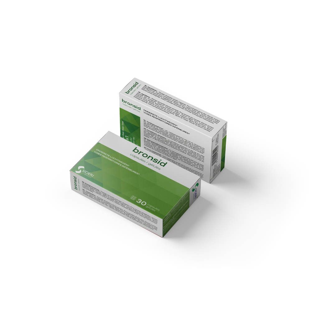 Deux boîtes "bronsid". Emballage vert et blanc. Logo "Sideri Laboratory". 30 gélules. Texte en néerlandais et français.