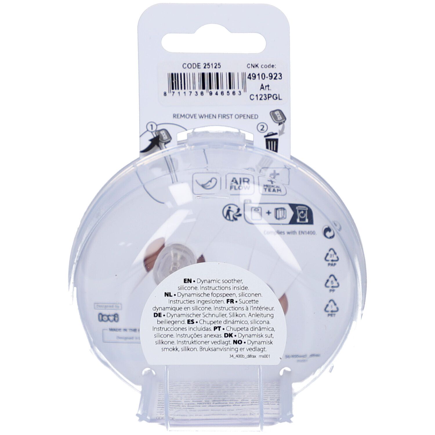 Dos de l'emballage avec informations produit. Texte multilingue. Illustrations des caractéristiques et instructions d'utilisation.