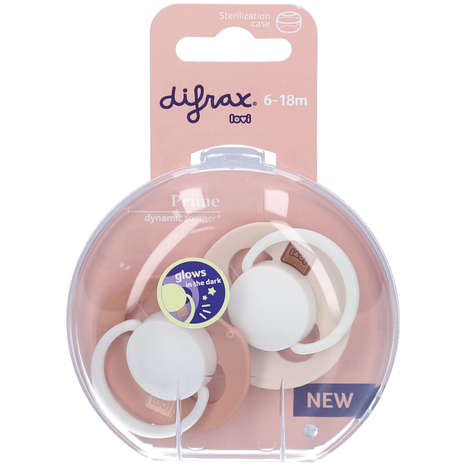 Deux sucettes dans un emballage rond transparent. Tétines en silicone beige et blanc. Emballage rose avec nom du produit et recommandation d'âge.