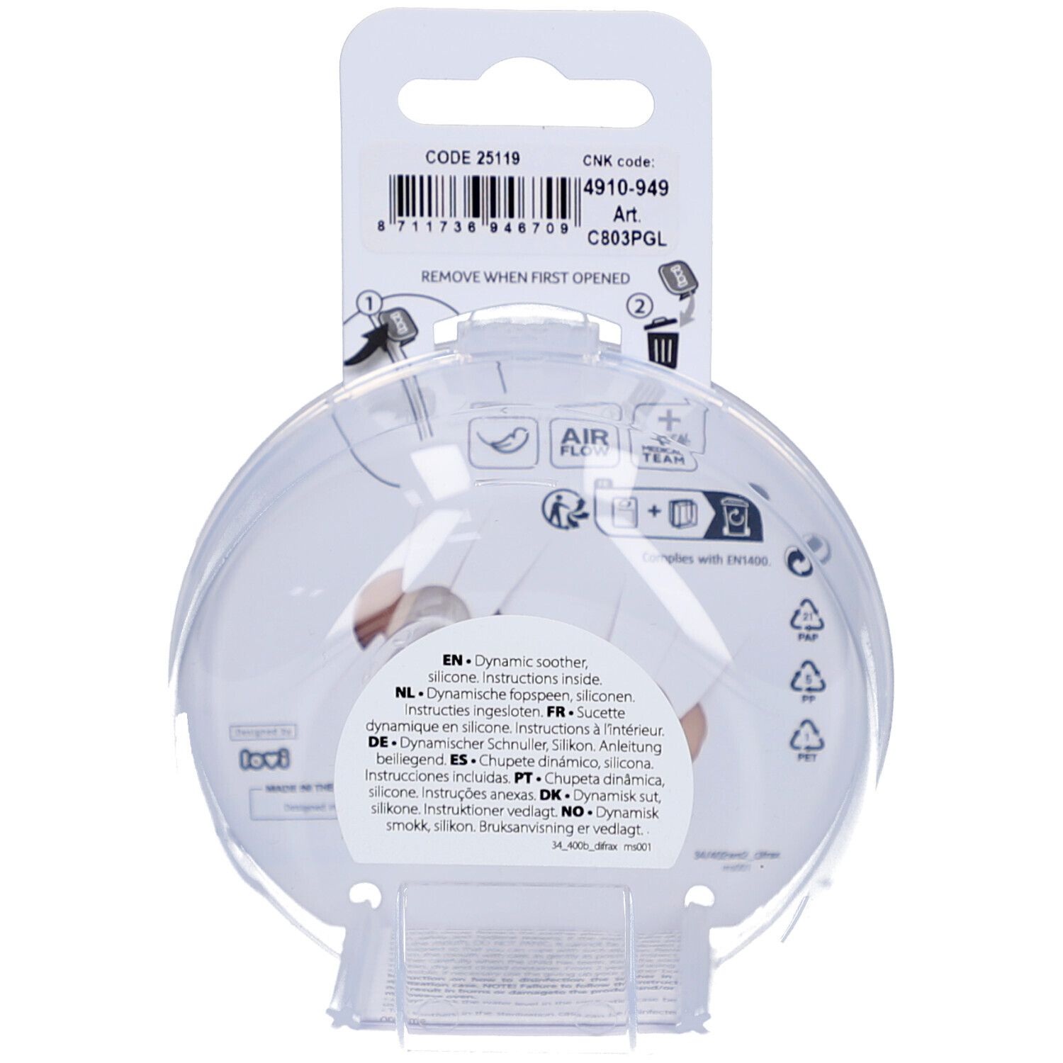 Dos de l'emballage avec informations produit. Texte multilingue. Emballage transparent.