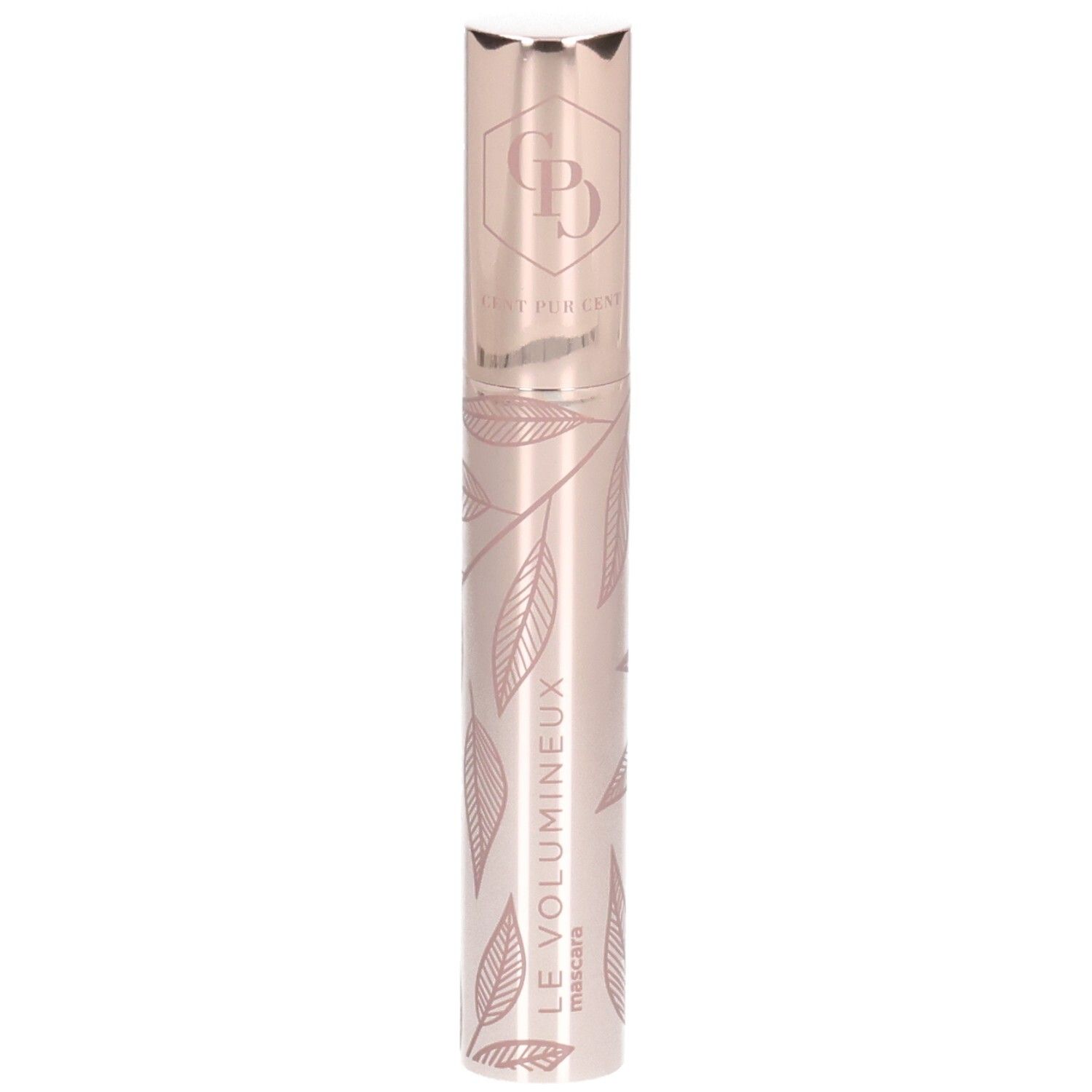 Tube de mascara or rose avec motif de feuilles. Inscription: CENT PUR CENT, LE VOLUMINEUX, Mascara.
