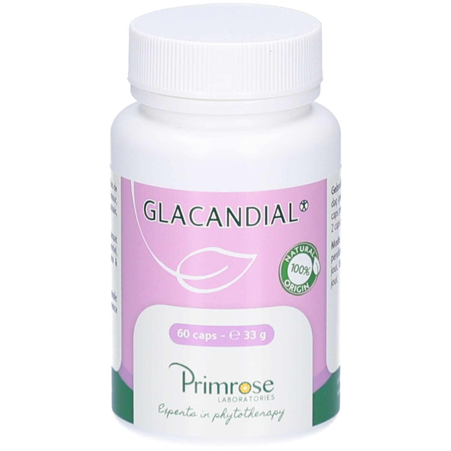 Flacon de pilules blanc avec bouchon à vis. Étiquette avec nom du produit et informations. 60 gélules.