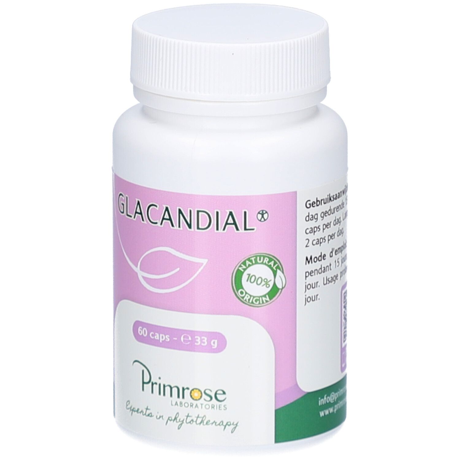 Flacon de pilules blanc avec bouchon à vis. Étiquette avec nom du produit et informations. 60 gélules.