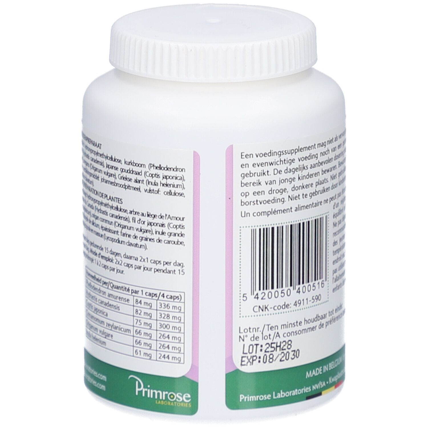 Dos du flacon blanc. Texte multilingue. Inscription: Glacandial. Primrose Laboratories.