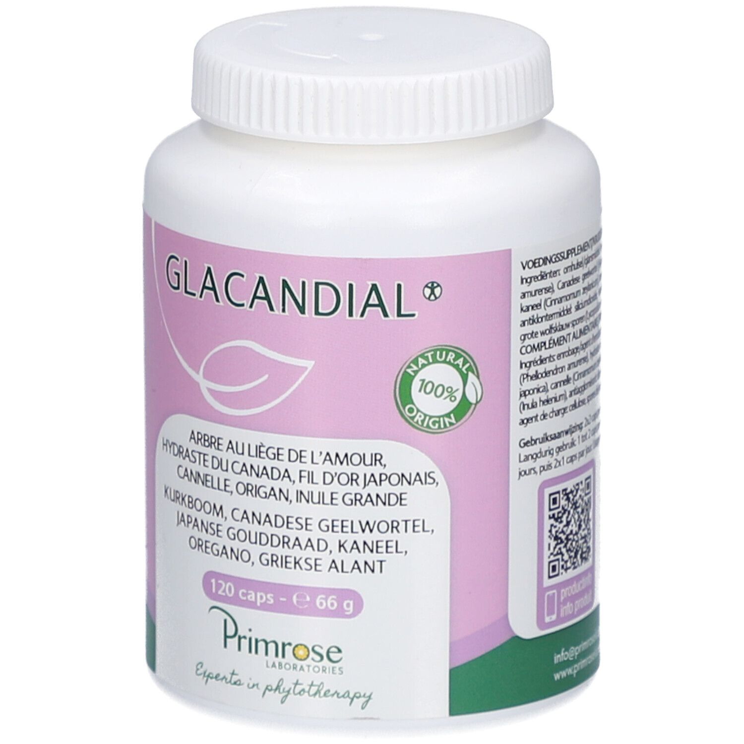 Flacon blanc avec étiquette rose. Inscription: Glacandial, 120 gélules, 66 g. Primrose Laboratories.