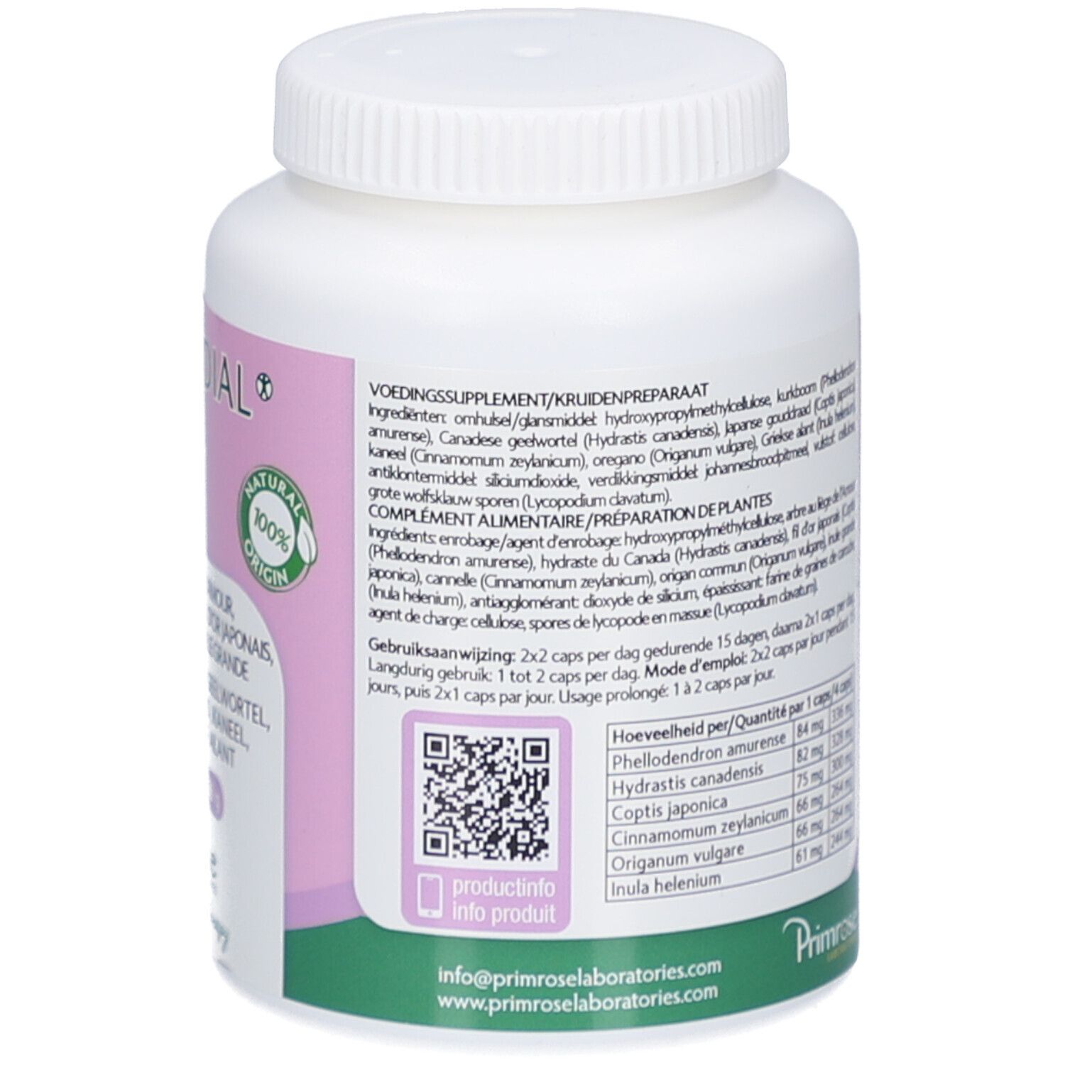 Dos du flacon blanc. Texte multilingue. Inscription: Glacandial. Primrose Laboratories. Code QR.