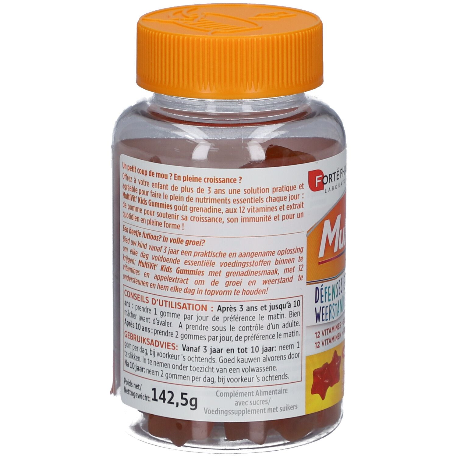 Dos du flacon. Informations textuelles multilingues. Bouchon orange.