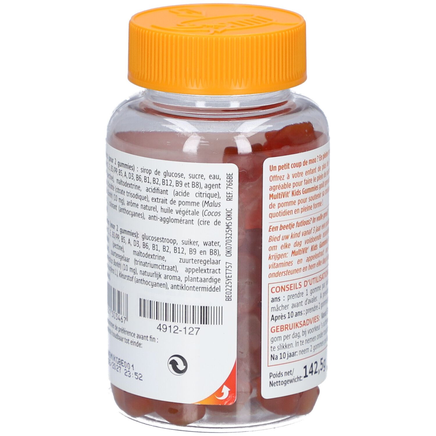 Dos du flacon. Informations textuelles multilingues. Bouchon orange.