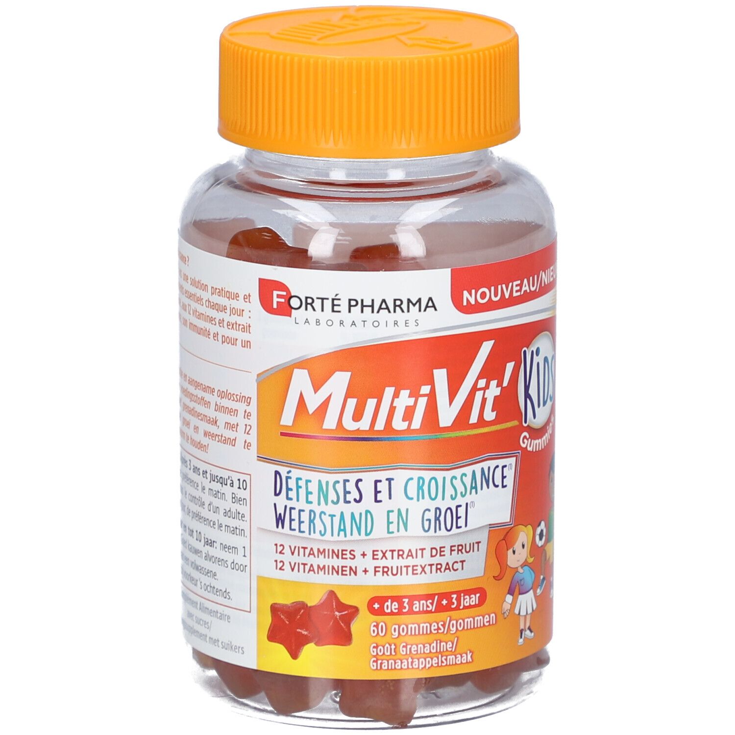 Flacon transparent avec bouchon orange. Étiquette avec nom du produit, ingrédients et logo.