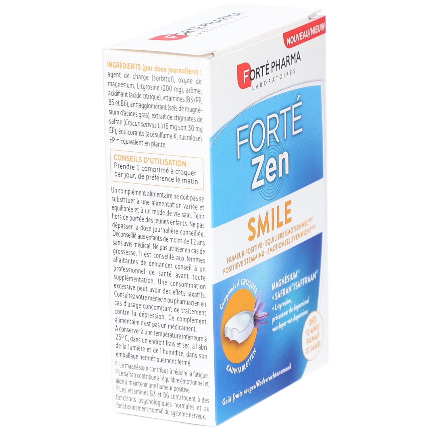 Forte Pharma Forte Zen Smile Tabletten-Verpackung. Seitenansicht mit Produktinformationen und Zutaten. Aufschrift: 'Comprimés à croquer'.