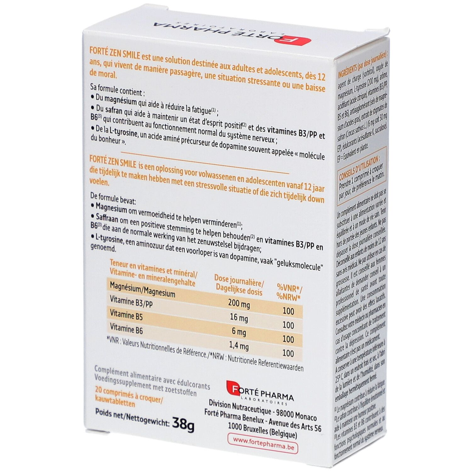 Forte Pharma Forte Zen Smile Tabletten-Verpackung. Rückseite mit Nährwertangaben und Inhaltsstoffen. 20 Tabletten.