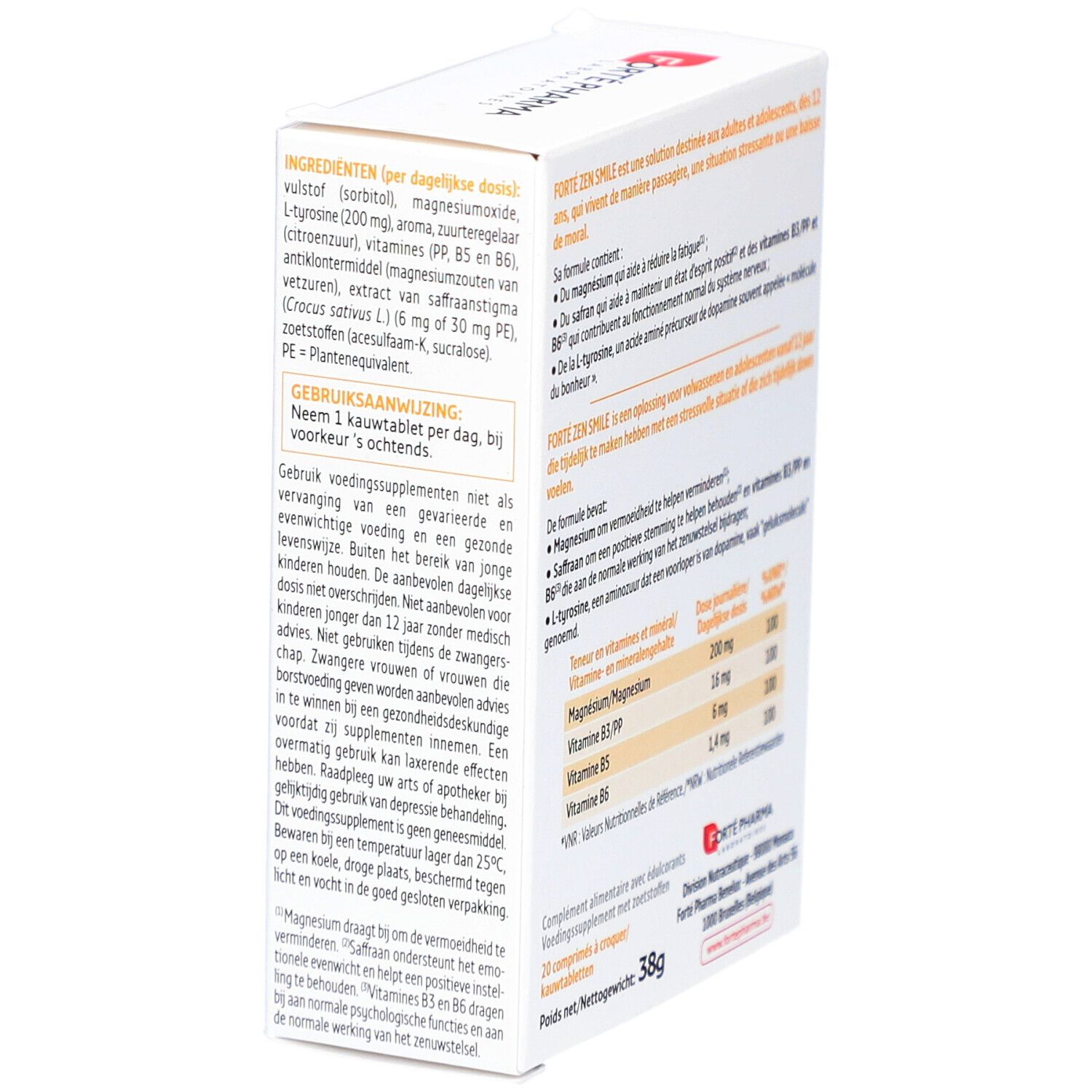 Forte Pharma Forte Zen Smile Tabletten-Verpackung. Seitenansicht mit Produktinformationen und Zutaten. 38g.