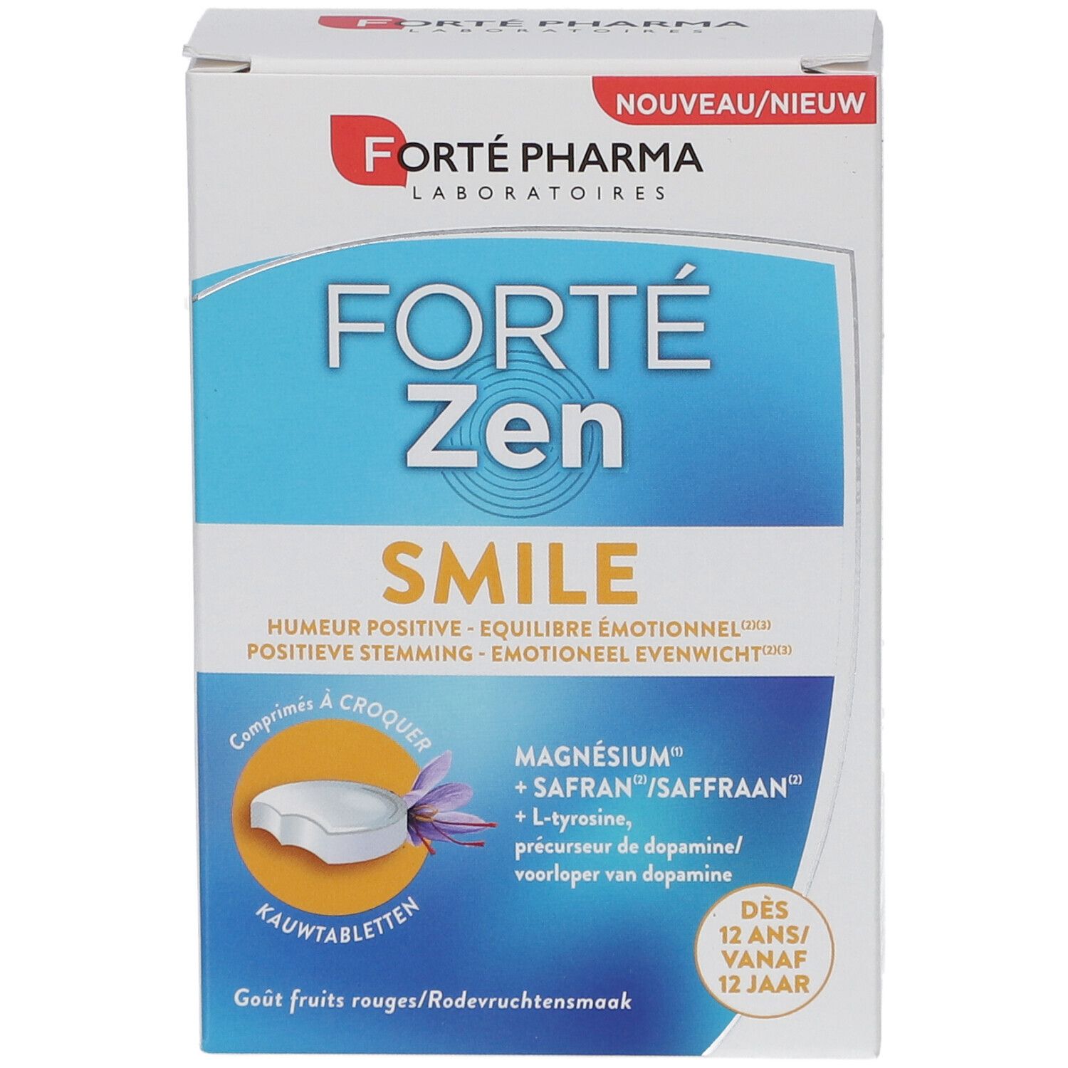 Forte Pharma Forte Zen Smile Tabletten-Verpackung. Vorderansicht mit Produktnamen und Inhaltsstoffen. 'Comprimés à croquer'.