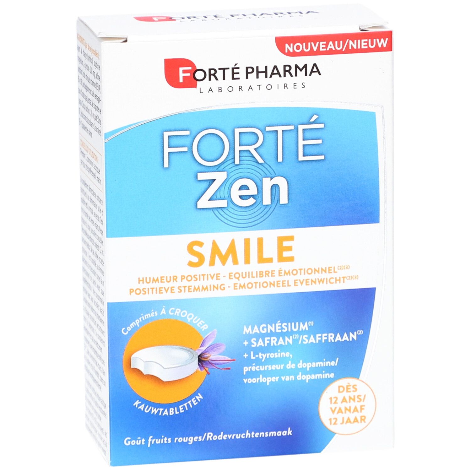 Forte Pharma Forte Zen Smile Tabletten-Verpackung. Vorderansicht mit Produktnamen und Inhaltsstoffen. 'Comprimés à croquer'.