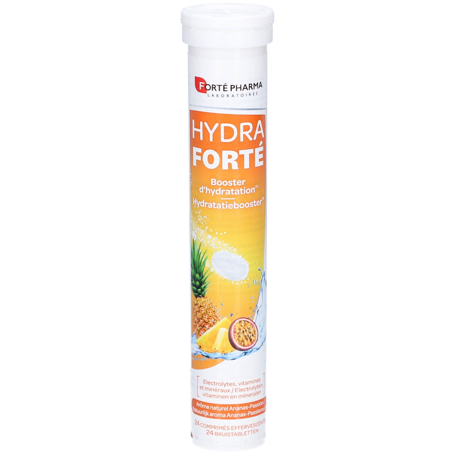 Zylindrische Tube mit Produktnamen und Illustrationen von Ananas und Passionsfrucht. Enthält Brausetabletten.