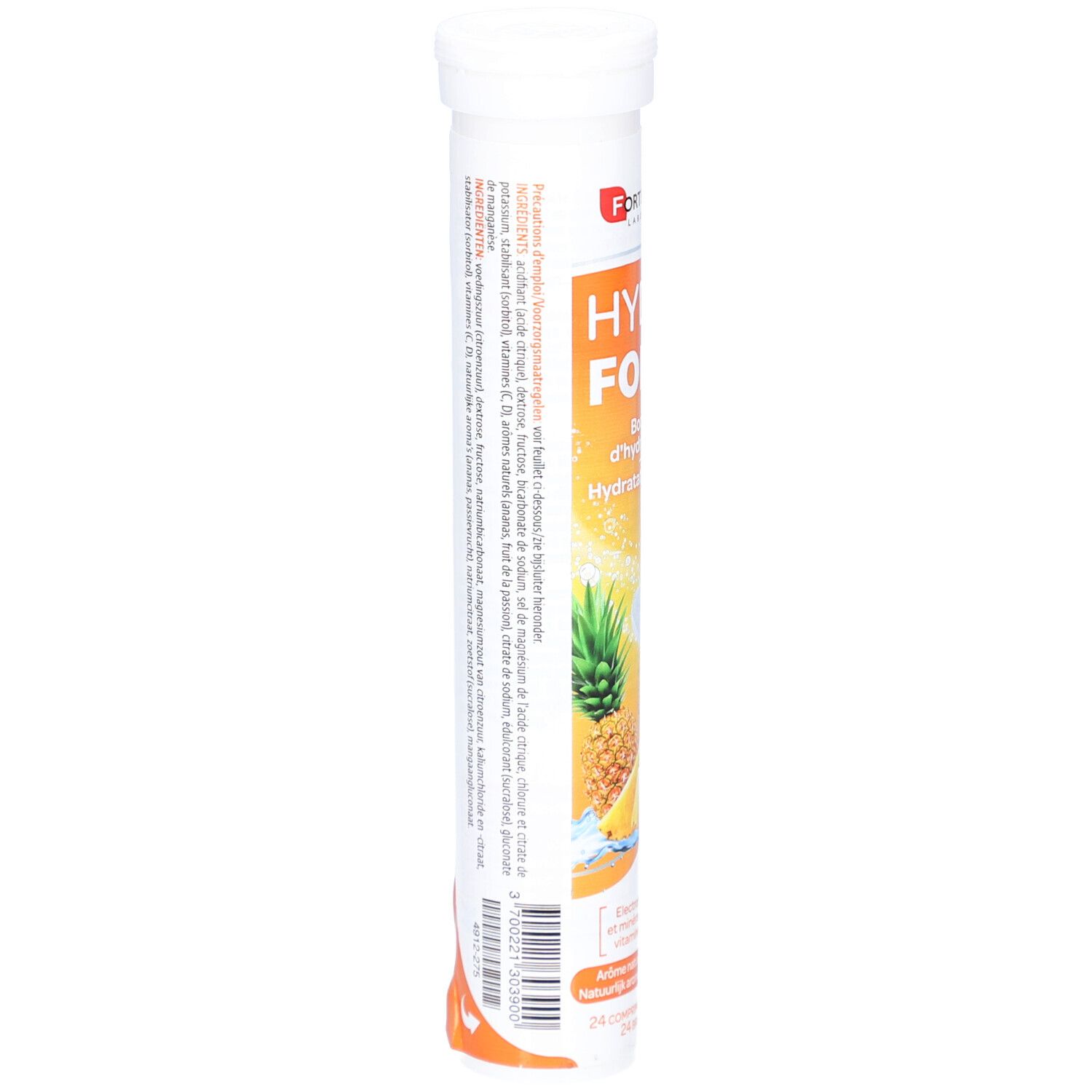 Zylindrische Tube mit Produktinformationen. Text in mehreren Sprachen. Enthält Brausetabletten.