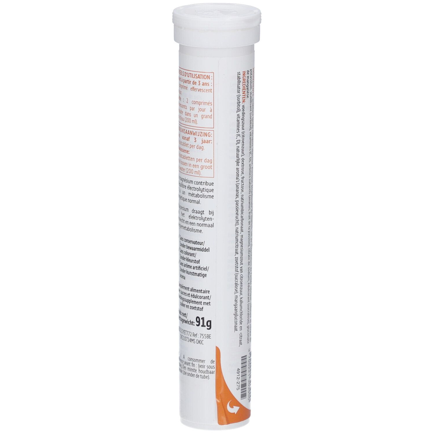 Zylindrische Tube mit Produktinformationen. Text in mehreren Sprachen. Enthält Brausetabletten. Gewicht: 91g.