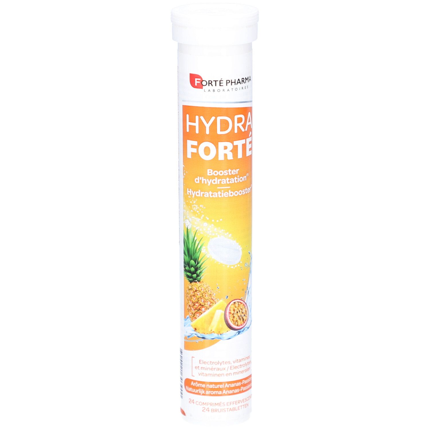Zylindrische Tube mit Produktnamen und Illustrationen von Ananas und Passionsfrucht. Enthält Brausetabletten.