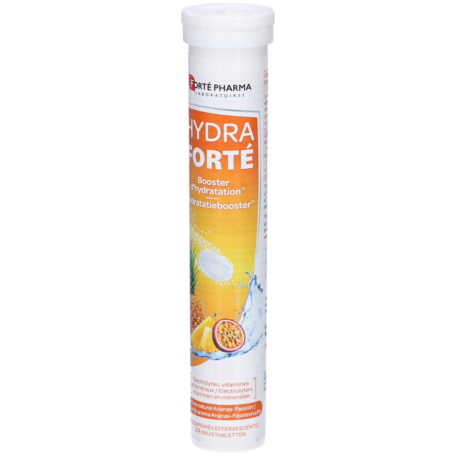 Zylindrische Tube mit Produktnamen und Illustrationen von Ananas und Passionsfrucht. Enthält Brausetabletten.