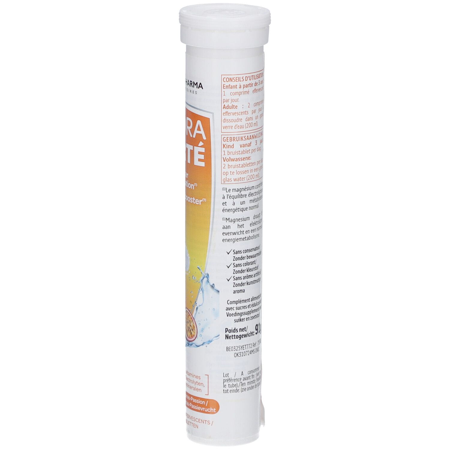 Zylindrische Tube mit Produktinformationen. Text in mehreren Sprachen. Enthält Brausetabletten. Gewicht: 91g.