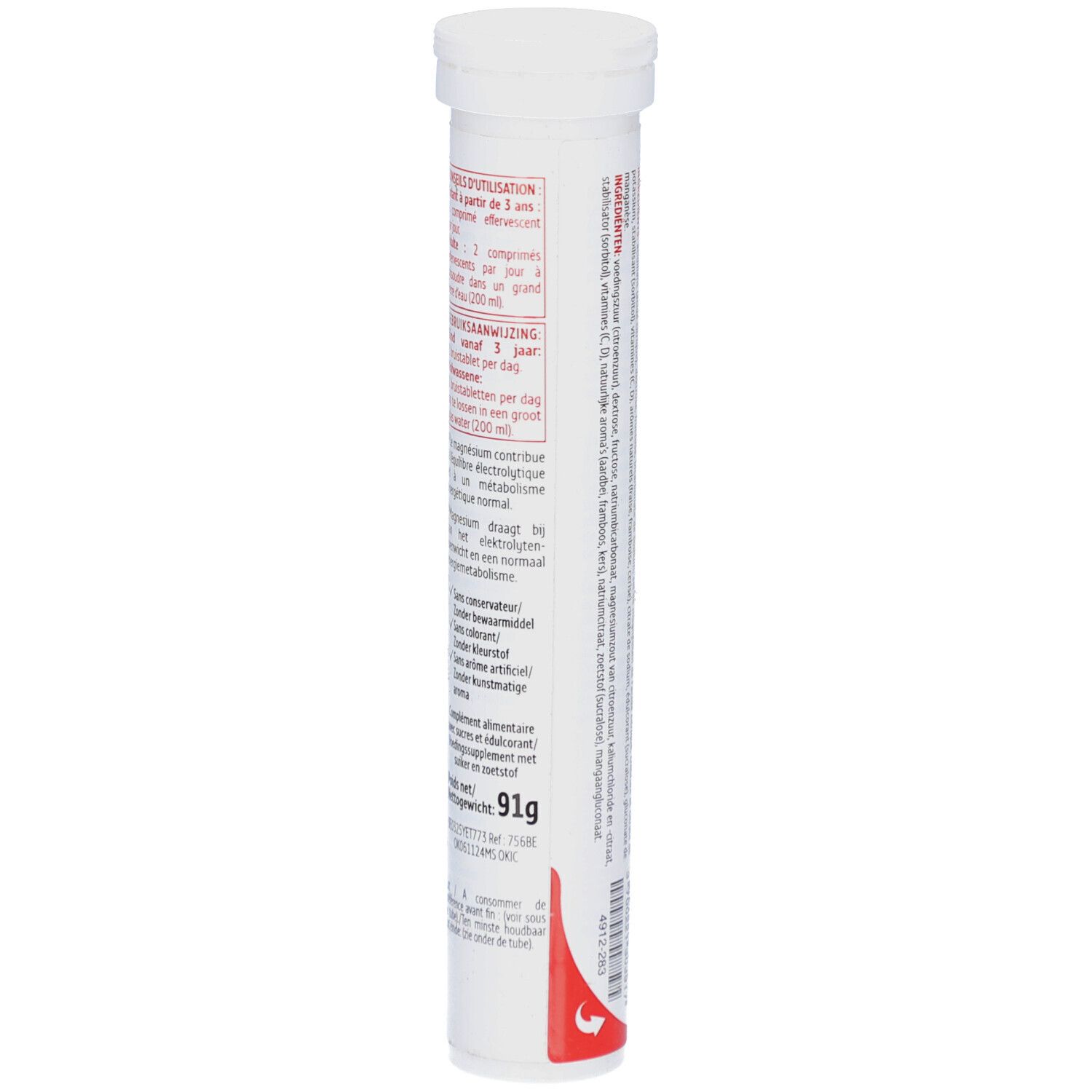 Zylindrische Verpackung mit Tabletten. Seite mit Text. Gebrauchsanweisung, Dosierung, Warnhinweise.