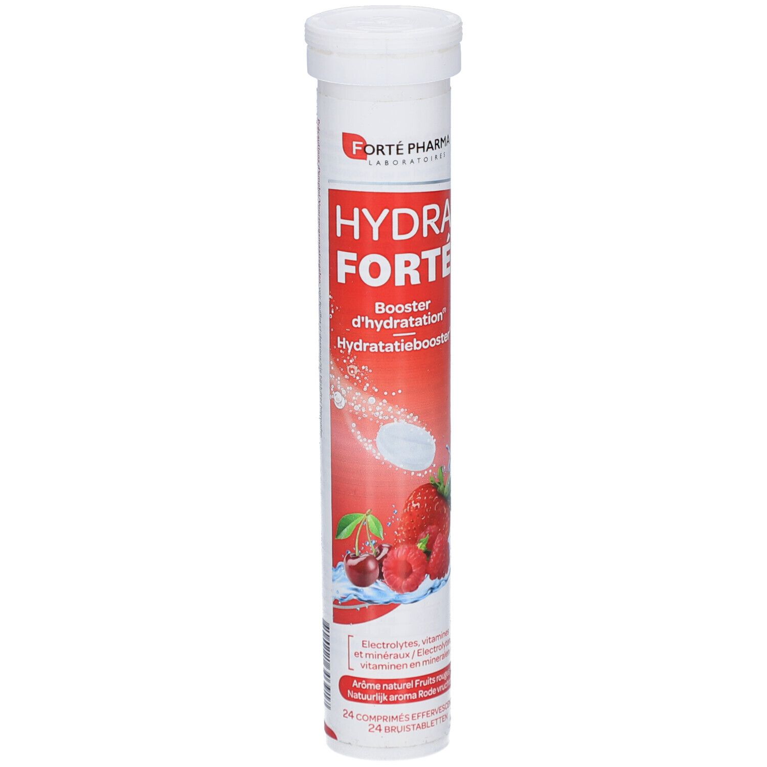 Zylindrische Verpackung mit Tabletten. Aufschrift: HYDRA FORTÉ, Booster d'hydratation. Abbildung von Früchten.