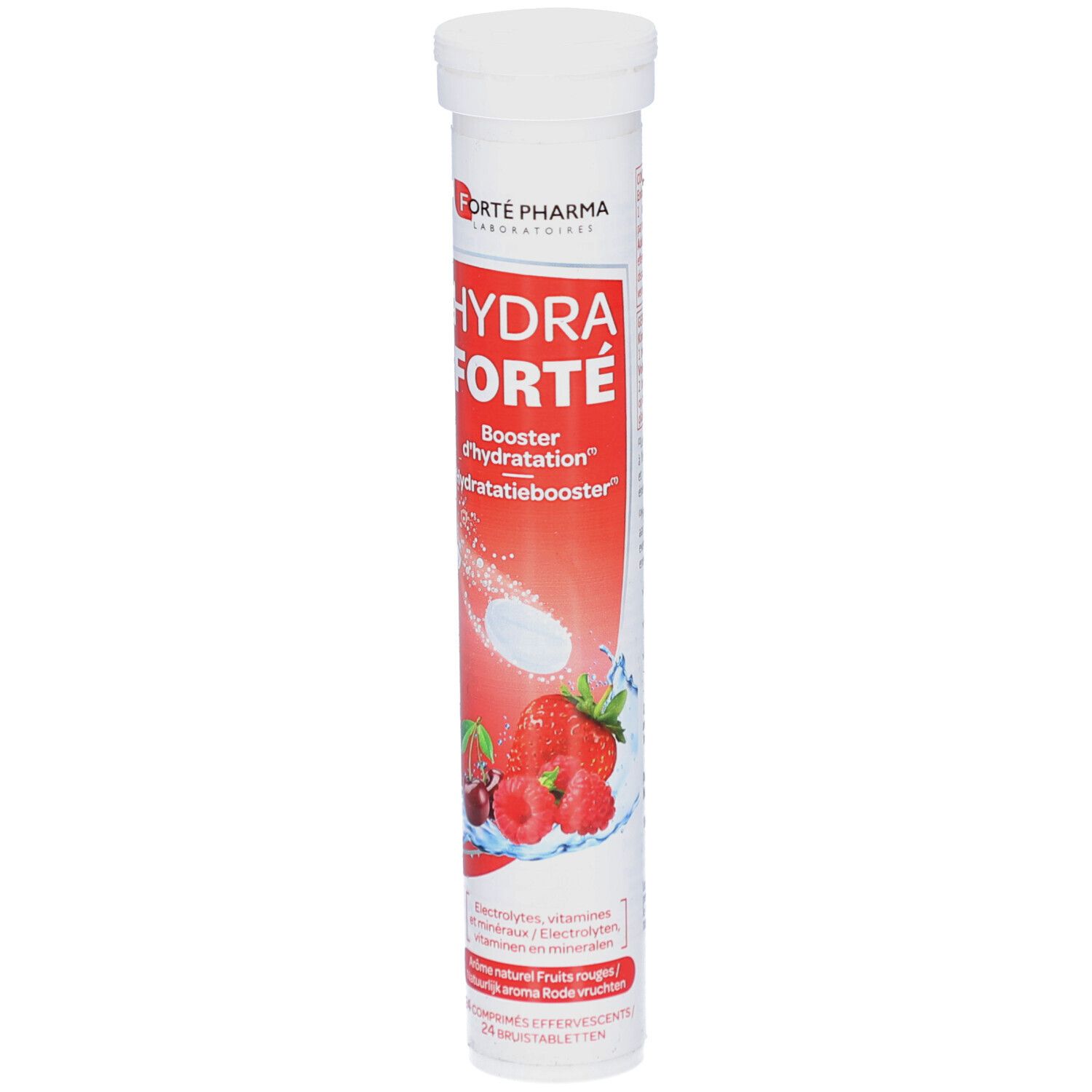 Zylindrische Verpackung mit Tabletten. Aufschrift: HYDRA FORTÉ, Booster d'hydratation. Abbildung von Früchten.