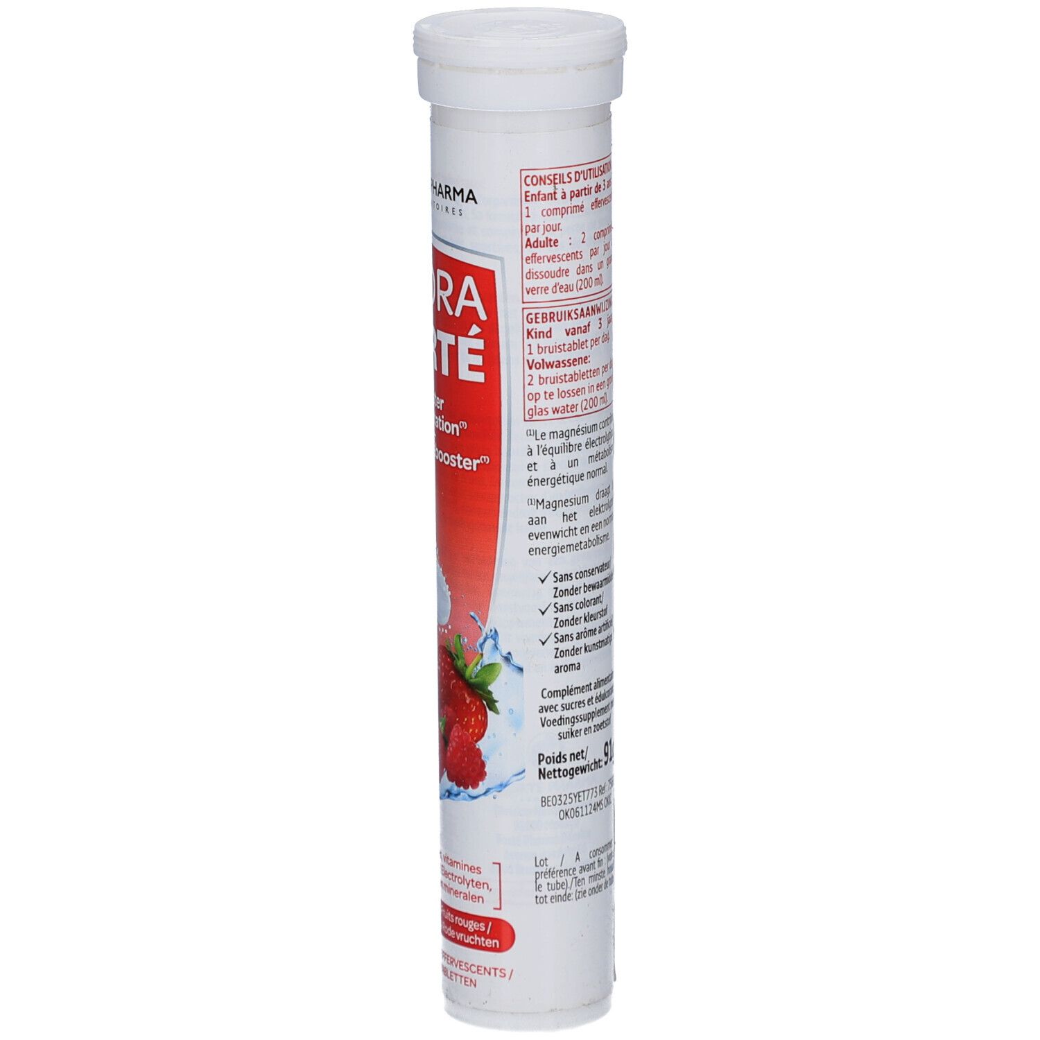 Zylindrische Verpackung mit Tabletten. Seite mit Text. Gebrauchsanweisung, Dosierung, Warnhinweise.
