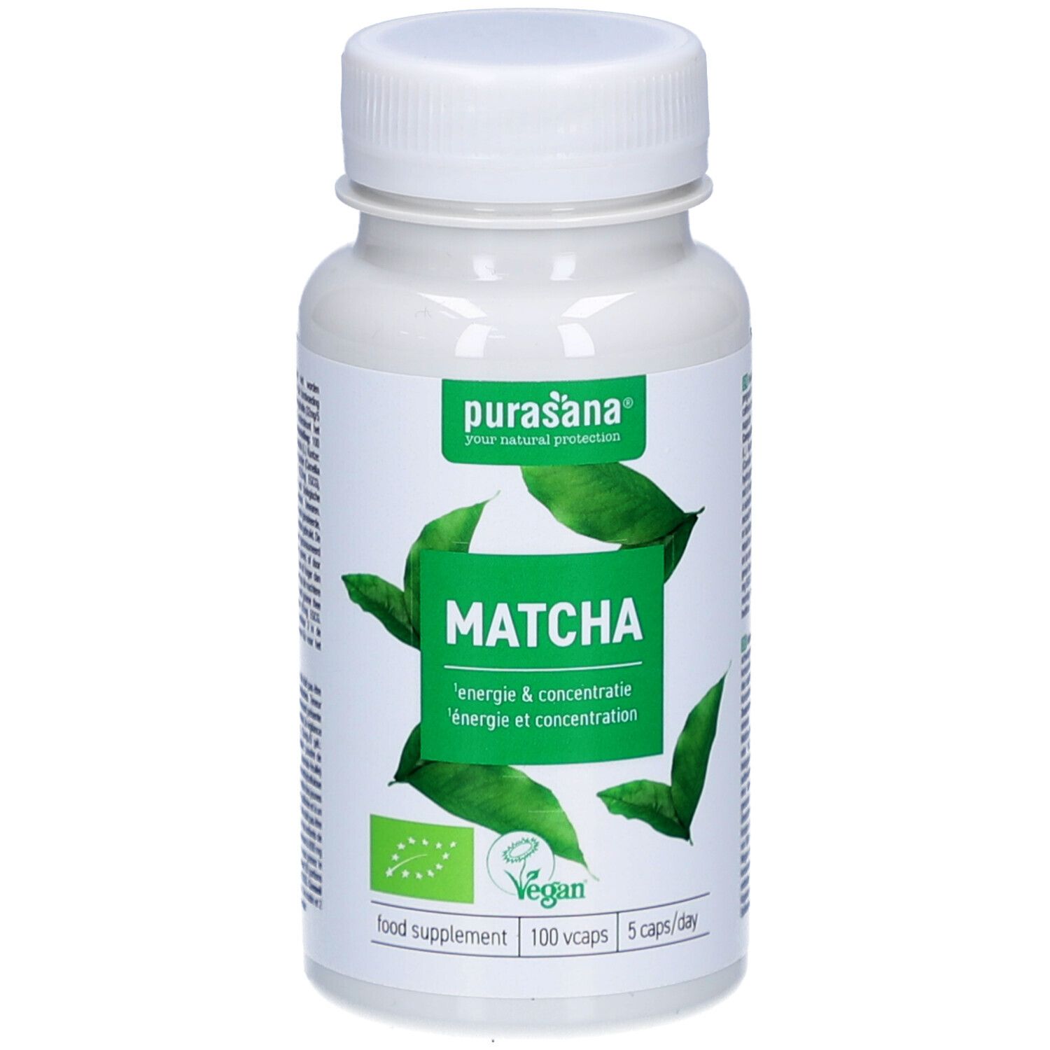 Weiße Flasche mit Kapseln. Aufschrift: Matcha, Energie & Konzentration. Vegan-Siegel. 100 Kapseln, 5 Kapseln/Tag.