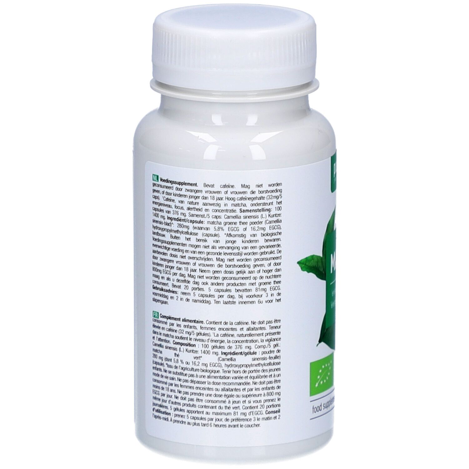Rückseite einer weißen Flasche mit Kapseln. Textinformationen. Vegan-Siegel. Herstelleradresse.