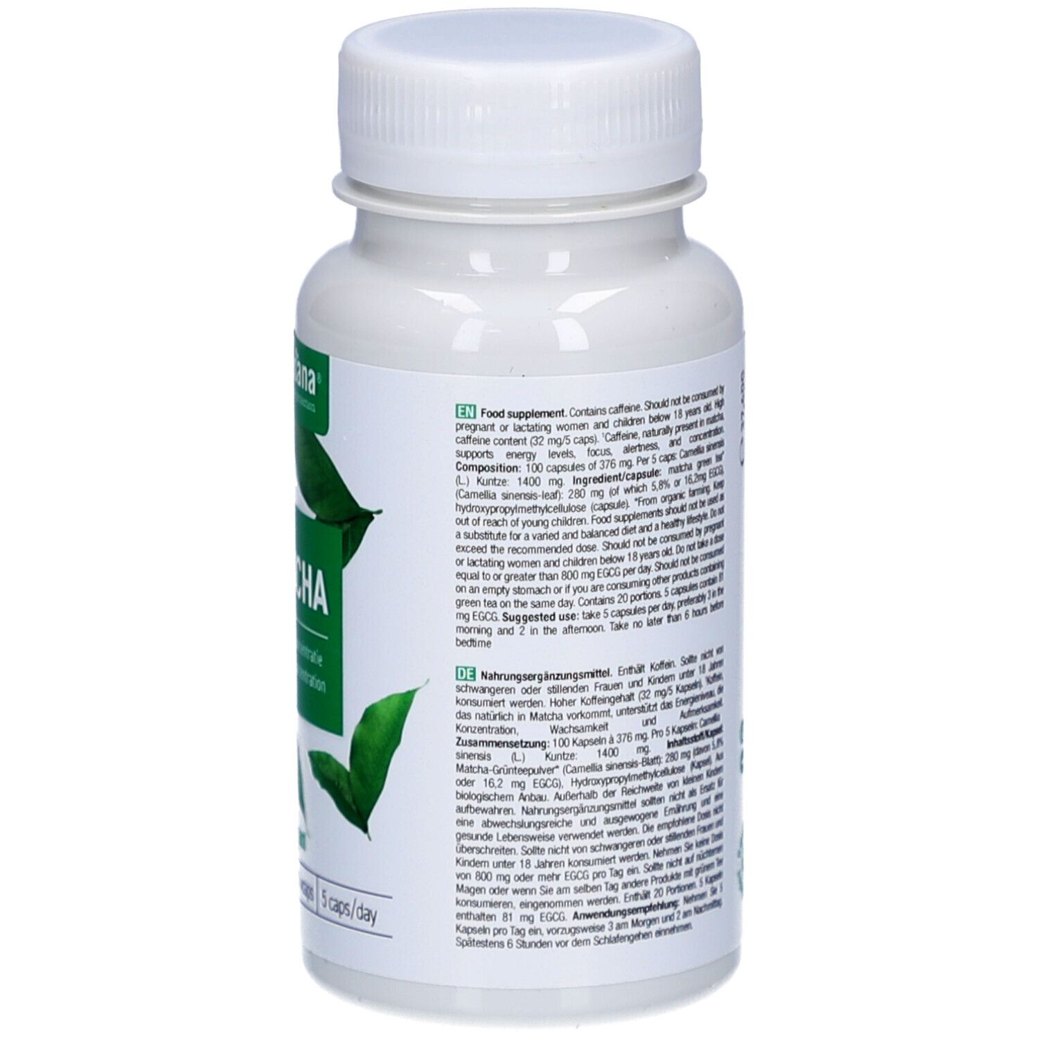Rückseite einer weißen Flasche mit Kapseln. Textinformationen. Vegan-Siegel. Herstelleradresse.