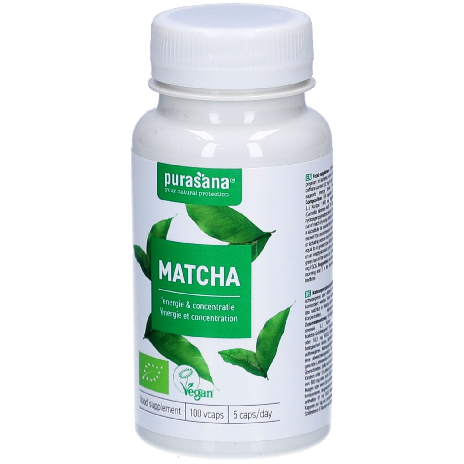 Weiße Flasche mit Kapseln. Aufschrift: Matcha, Energie & Konzentration. Vegan-Siegel. 100 Kapseln, 5 Kapseln/Tag.
