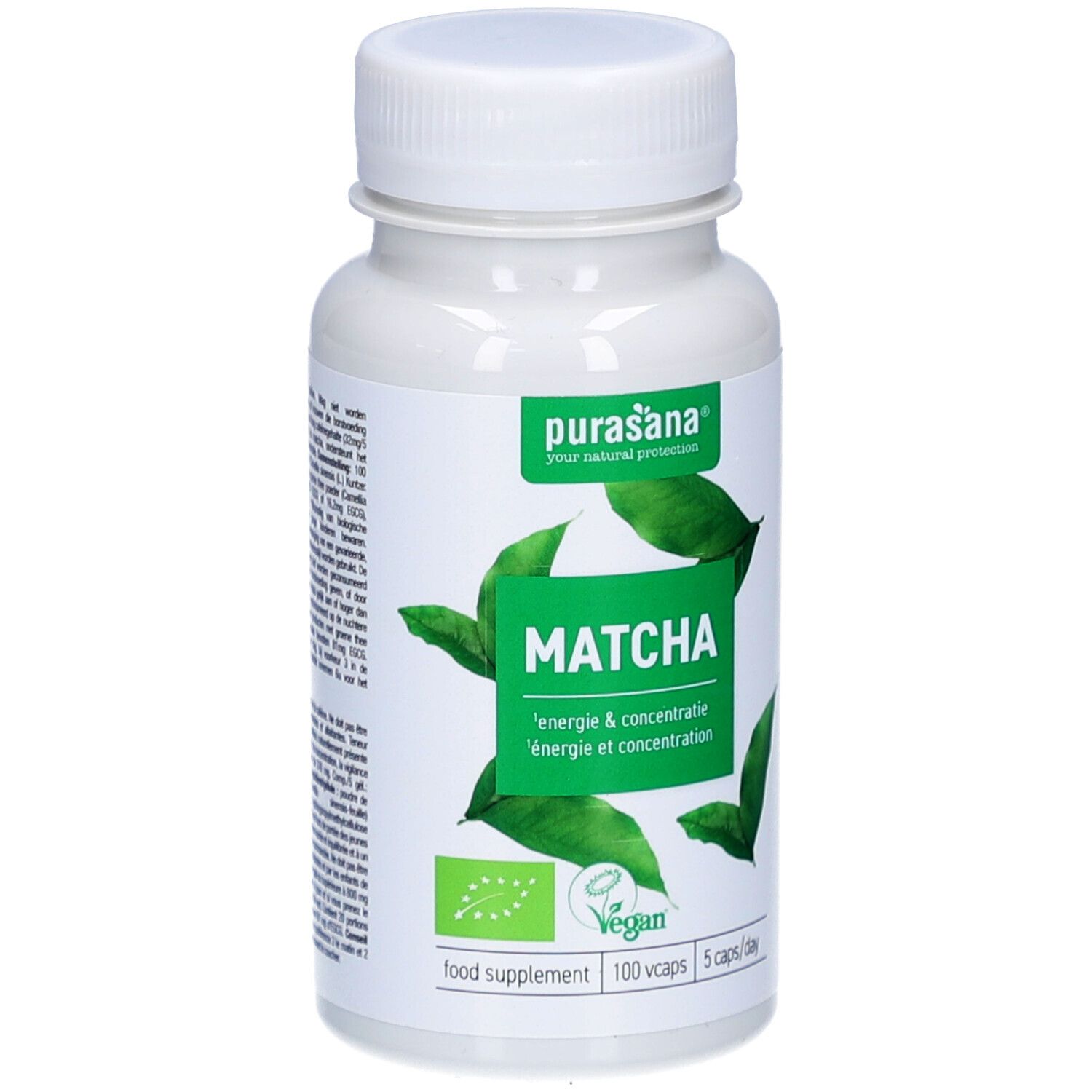 Weiße Flasche mit Kapseln. Aufschrift: Matcha, Energie & Konzentration. Vegan-Siegel. 100 Kapseln, 5 Kapseln/Tag.