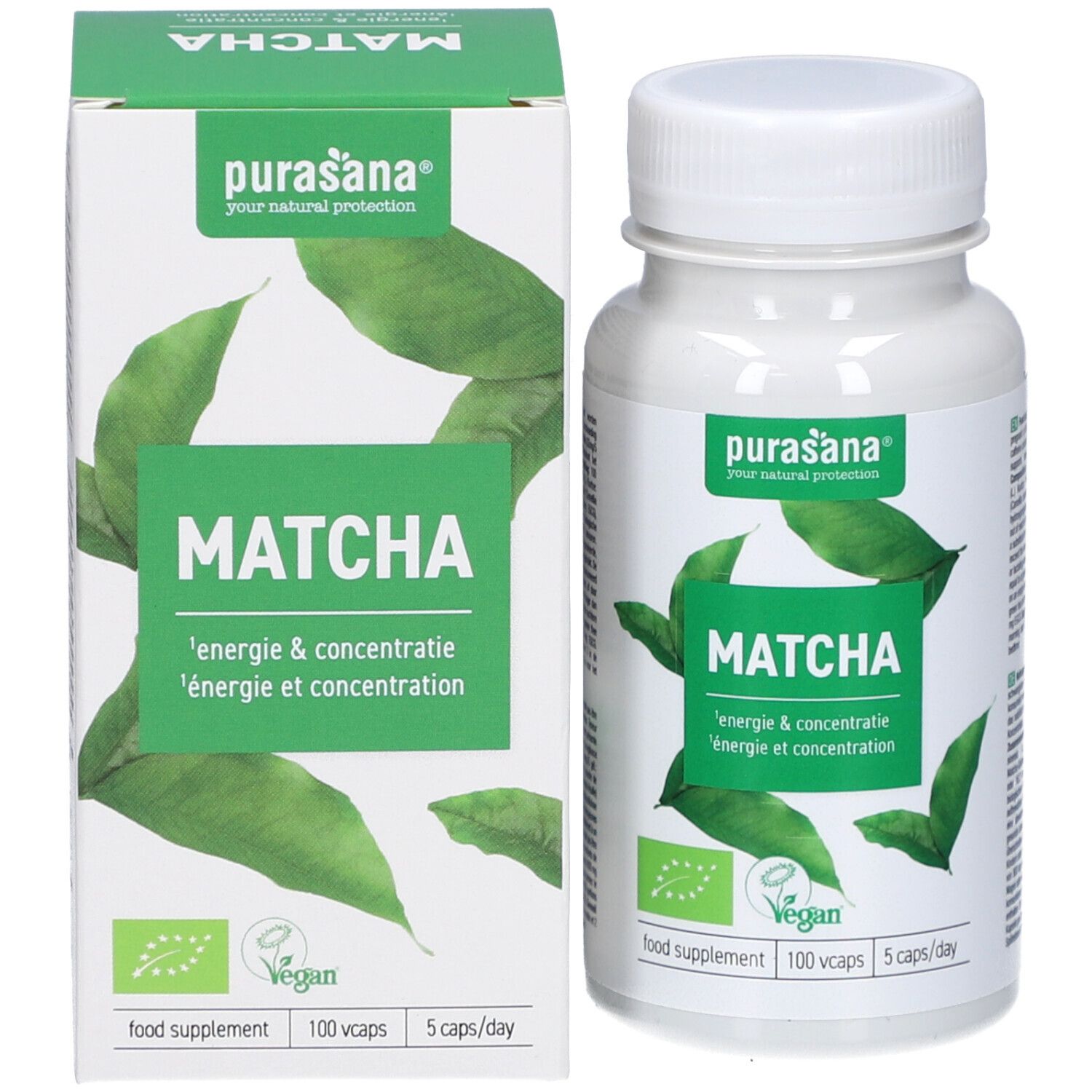 Produktverpackung mit Flasche. Aufschrift: Matcha, Energie & Konzentration. Vegan-Siegel. 100 Kapseln, 5 Kapseln/Tag.