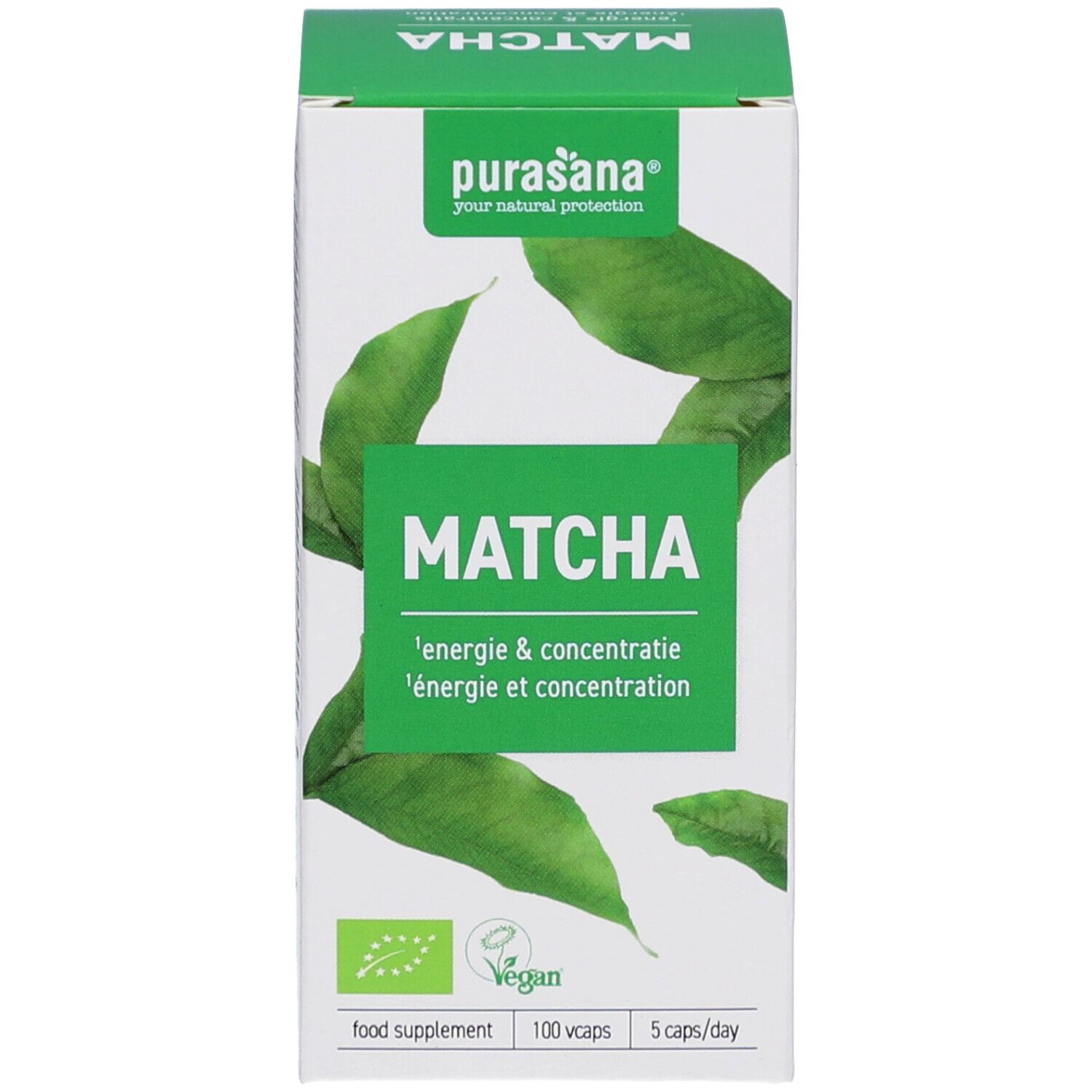Produktverpackung. Aufschrift: Matcha, Energie & Konzentration. Vegan-Siegel. 100 Kapseln, 5 Kapseln/Tag.