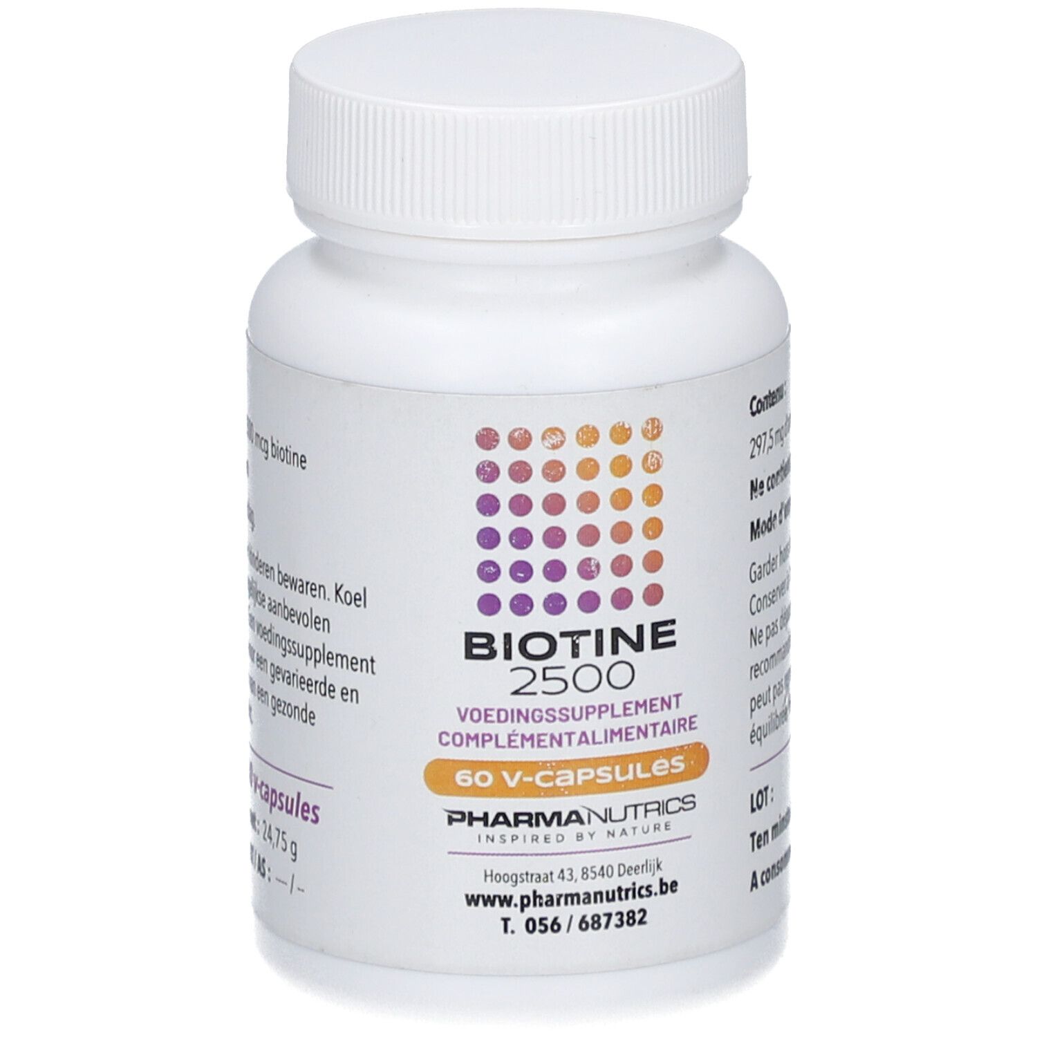 Weiße Flasche Pharmanutrics Biotine 2500. Aufschrift: 60 V-Kapseln. Lila-orangefarbenes Logo. Deckel oben.