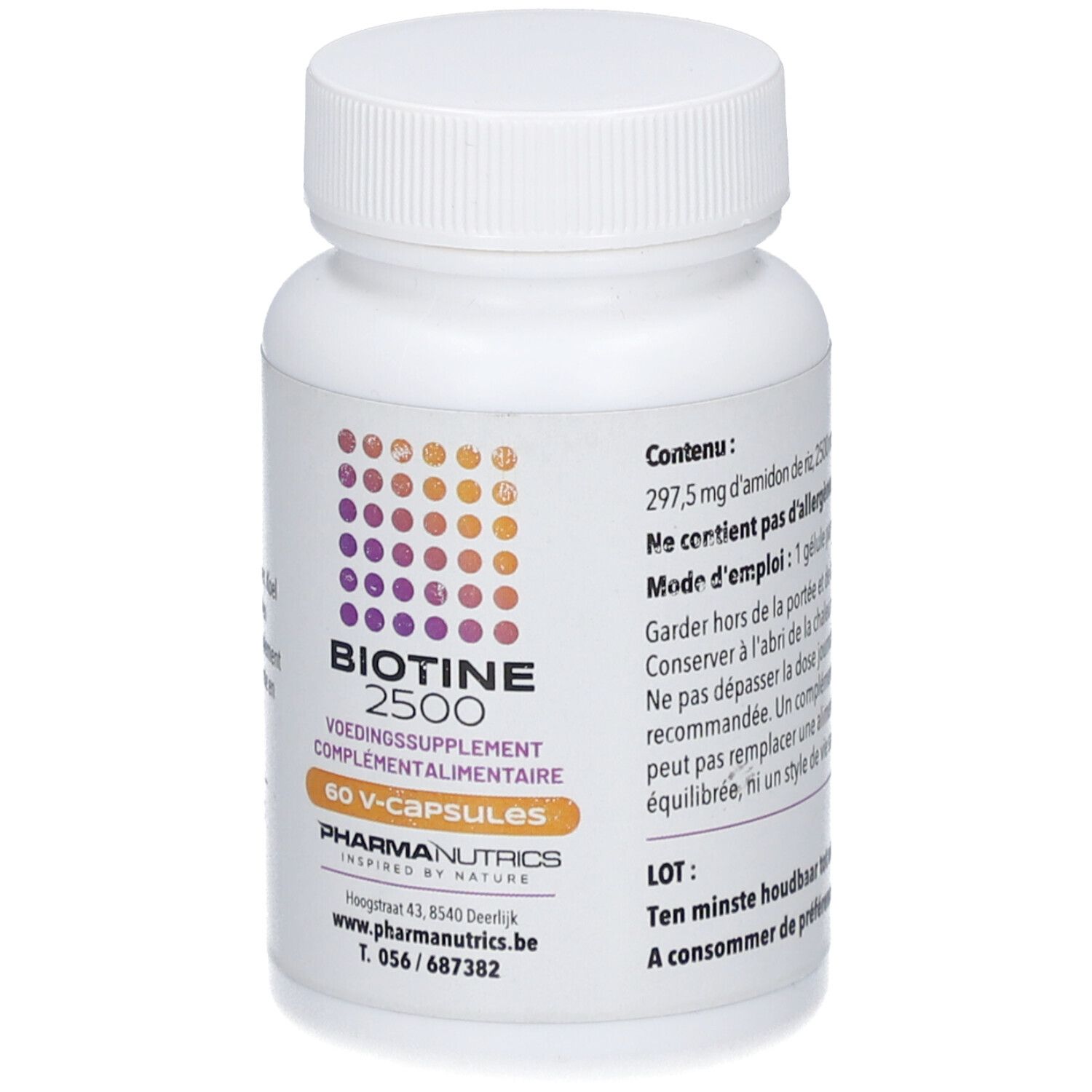 Weiße Flasche Pharmanutrics Biotine 2500. Aufschrift: 60 V-Kapseln. Lila-orangefarbenes Logo. Deckel oben.
