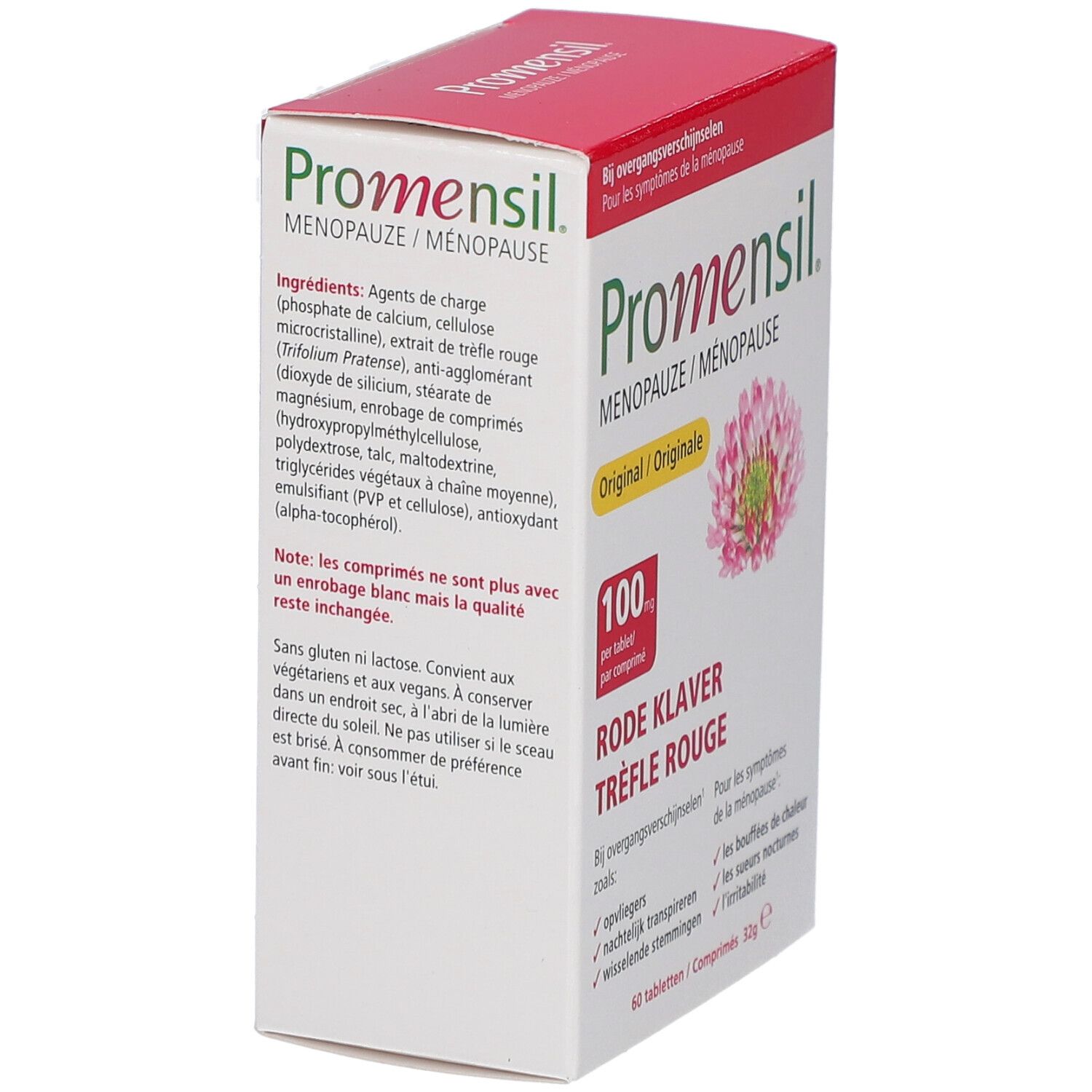 Promensil Menopauze-Packung. Rote und weiße Schachtel mit Produktnamen und Kleeblume. Inhaltsstoffe auf der Seite.