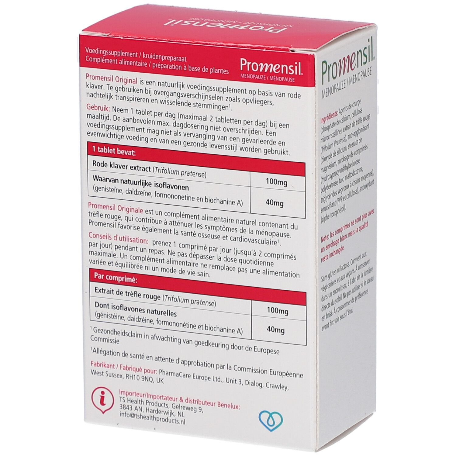Promensil Menopauze-Packung. Rote und weiße Schachtel mit Produktnamen und Kleeblume. Rückseite mit Informationen.