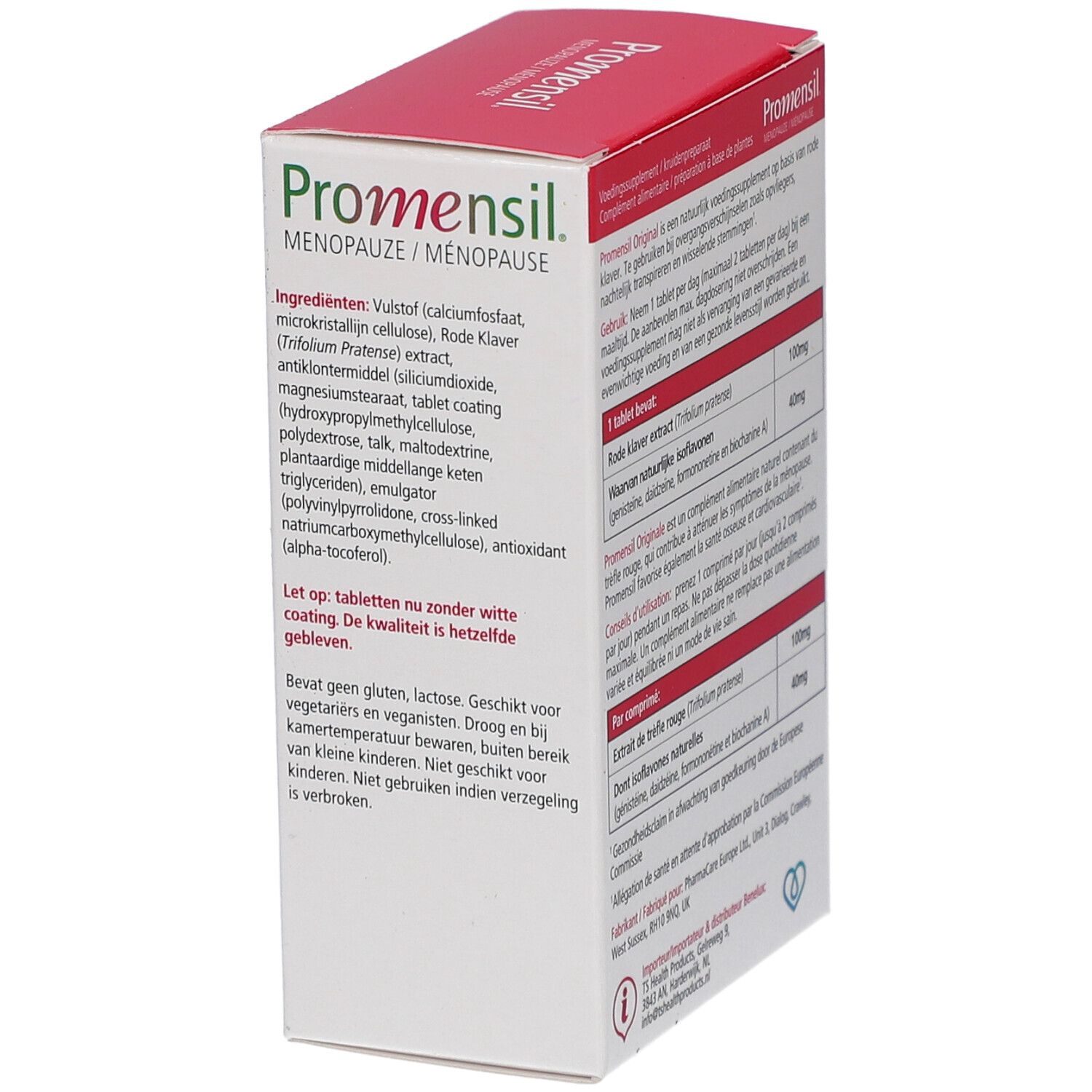 Promensil Menopauze-Packung. Rote und weiße Schachtel mit Produktnamen und Kleeblume. Rückseite mit Inhaltsstoffen.