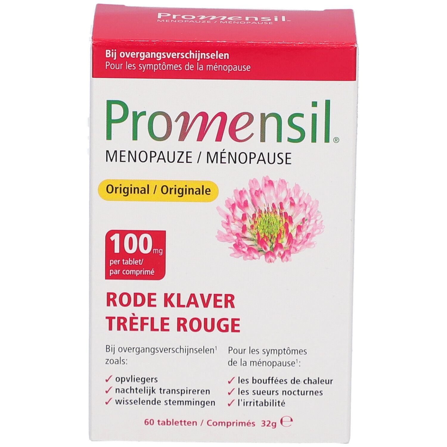 Promensil Menopauze-Packung. Rote und weiße Schachtel mit Produktnamen und Kleeblume. Enthält 60 Tabletten.